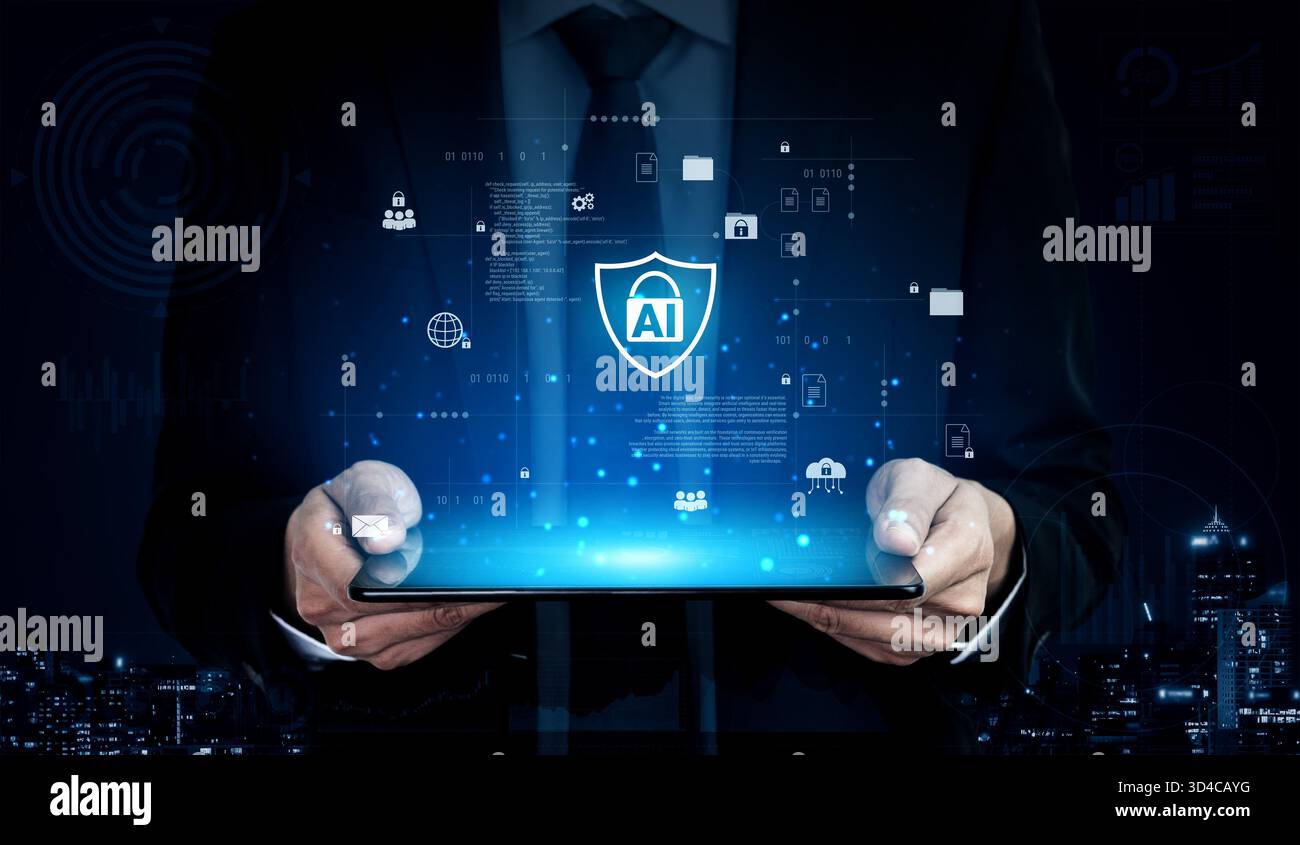 Il sistema di cibersicurezza AI protegge le risorse digitali attraverso il rilevamento intelligente, il controllo degli accessi e la prevenzione delle minacce, migliorando la sicurezza e la resilienza Foto Stock