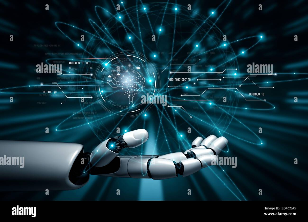 L'INTELLIGENZA ARTIFICIALE elabora i dati digitali attraverso circuiti neurali, analizza i segnali, alimenta l'intelligenza e gestisce le funzioni principali in una tecnologia connessa Foto Stock