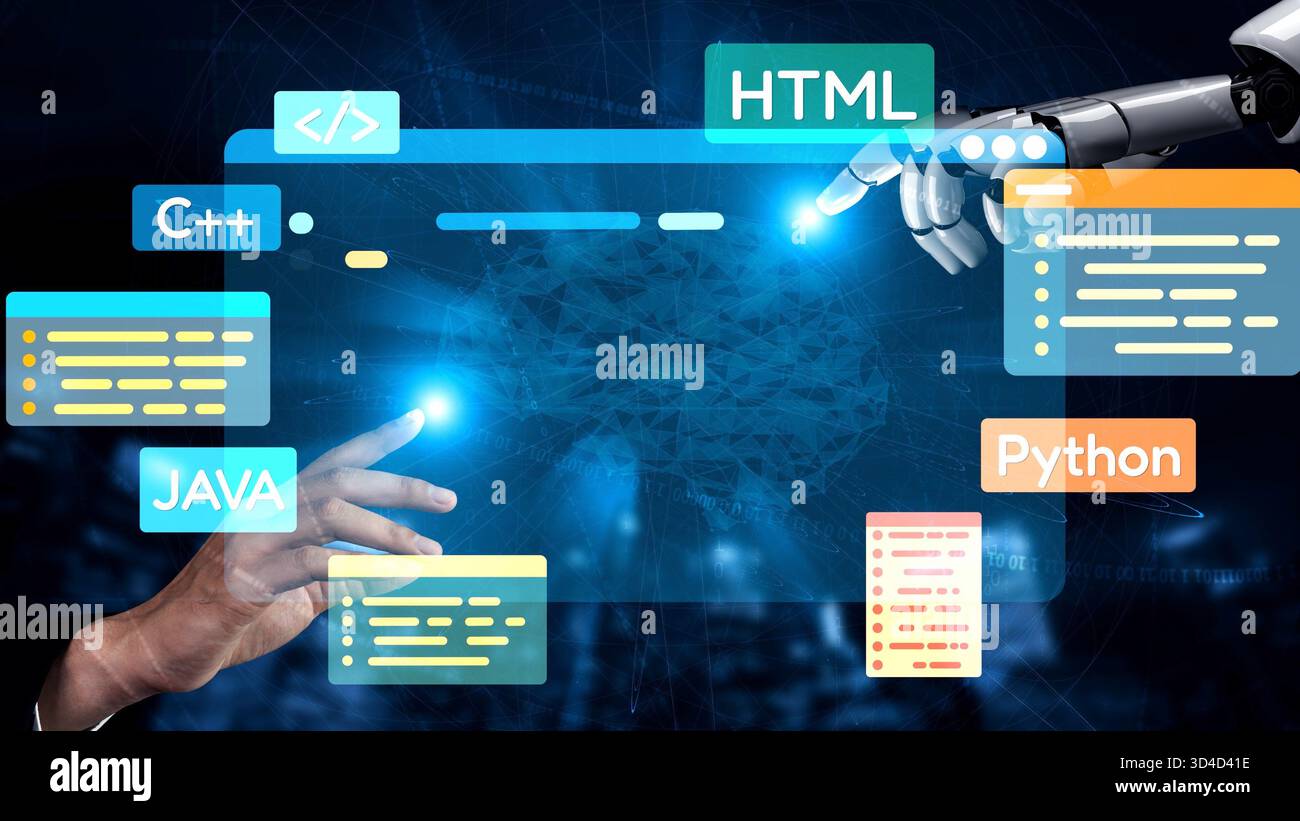 Sviluppo di software con sovrapposizioni di codifica, linguaggi di programmazione, strumenti per sviluppatori, creazione di app mobili e programmazione avanzata per prodotti digitali Foto Stock