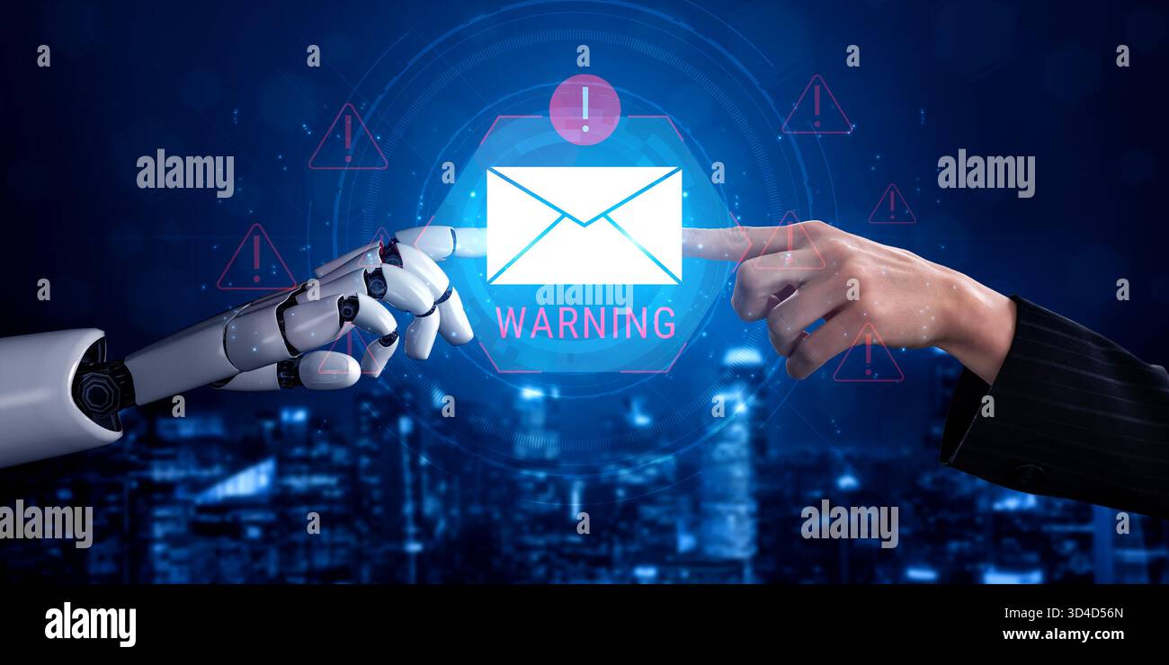 L'INTELLIGENZA ARTIFICIALE supporta sistemi di posta elettronica sicuri che rilevano gli attacchi di phishing, bloccano gli allegati dannosi e rafforzano la sicurezza delle comunicazioni digitali. Analisi Foto Stock