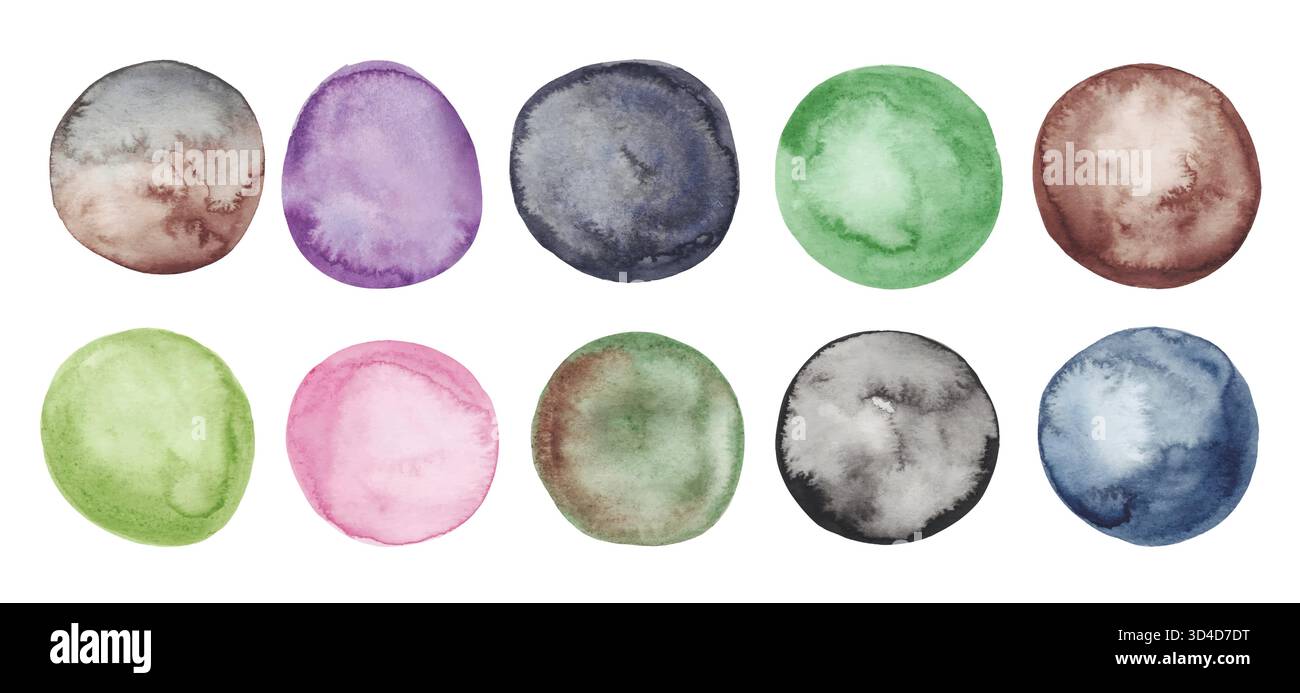 Cerchi di acquerello isolati su sfondo bianco. Icone rotonde Aquarelle dipinte a mano sui colori della Terra Illustrazione Vettoriale