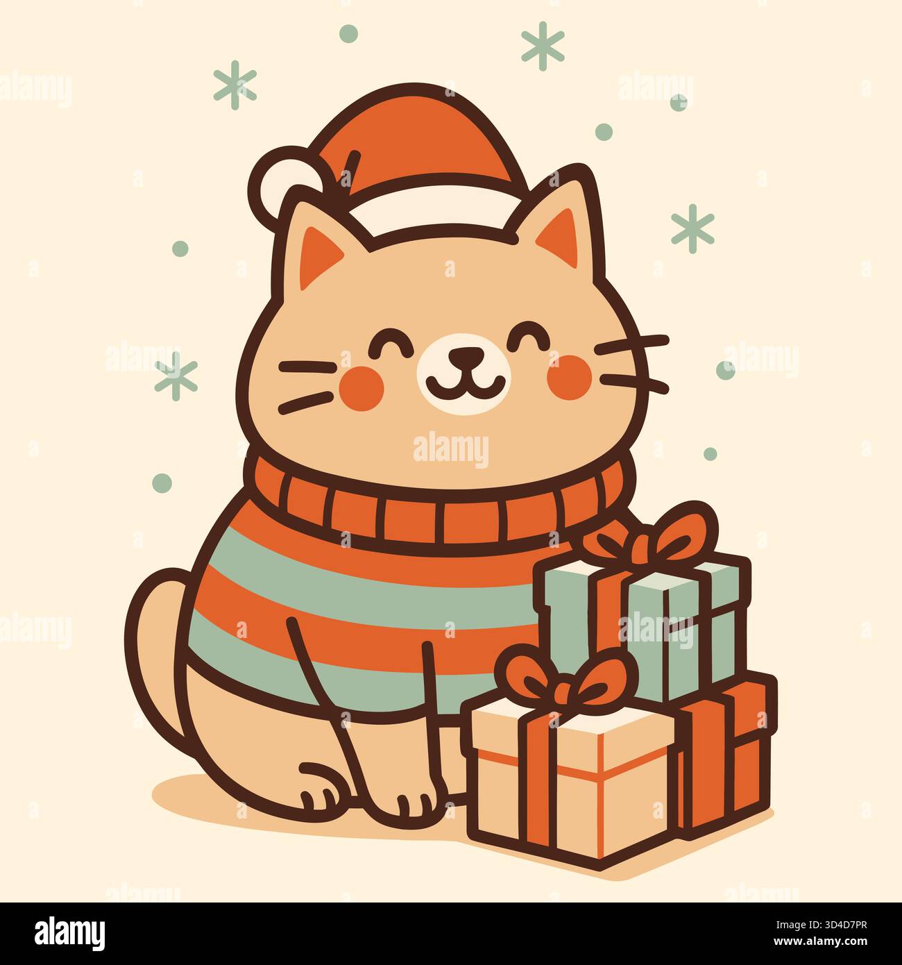 Simpatico gatto natalizio che indossa un maglione invernale con scatole regalo e sfondo di neve, illustrazione delle festività natalizie Illustrazione Vettoriale