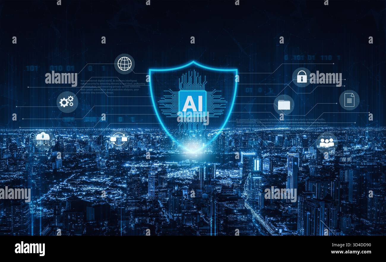 Il sistema intelligente di cibersicurezza con intelligenza artificiale migliora la protezione digitale, rileva le minacce in tempo reale e garantisce la trasmissione sicura dei dati, migliorando la resilienza Foto Stock