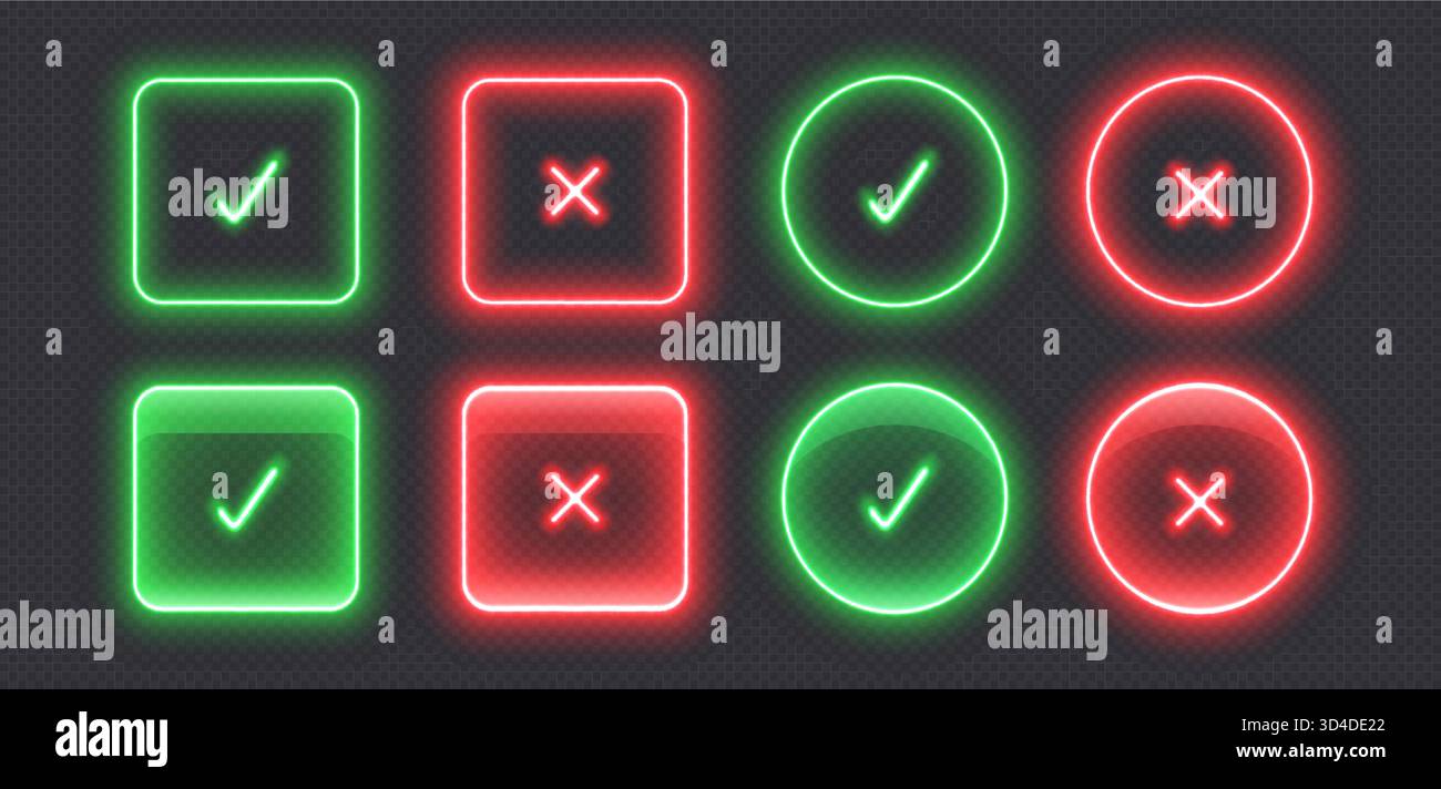Icone dei segni di spunta al neon, pulsanti di controllo illuminati, segnali luminosi. Illustrazione Vettoriale