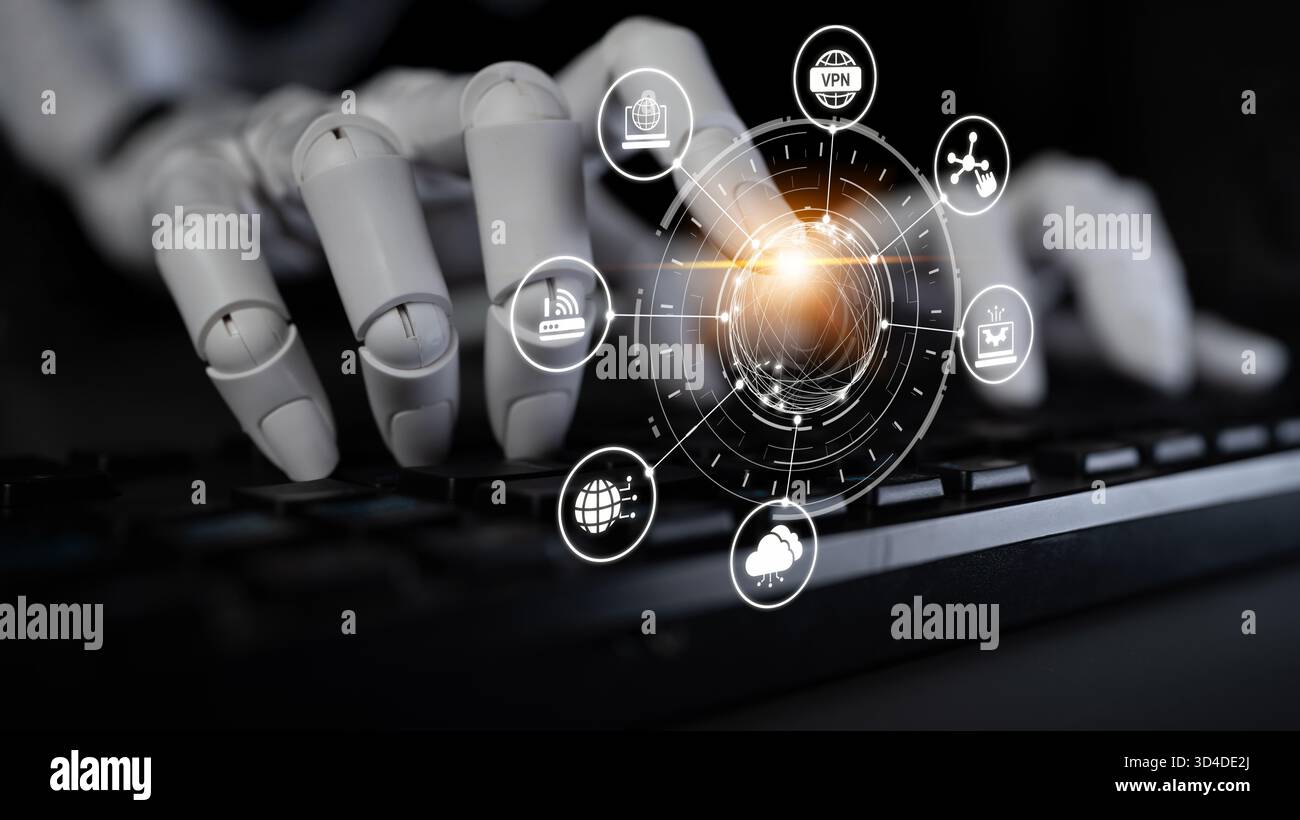 Le reti di comunicazione AI ottimizzano la connettività digitale, migliorano il trasferimento globale dei dati e migliorano l'accesso alle comunicazioni sicuro e scalabile in tutto il mondo Foto Stock