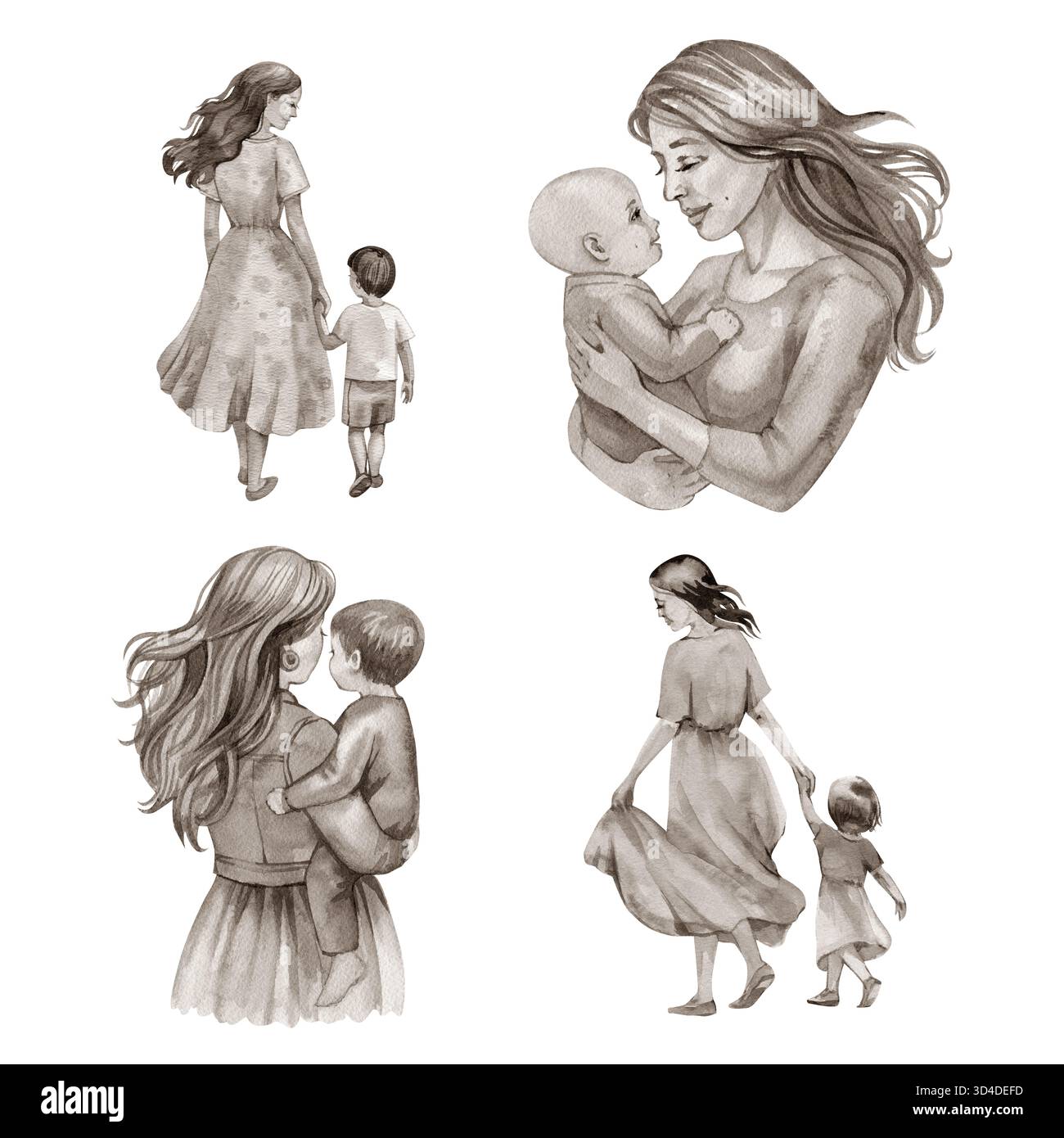 Set di illustrazioni per la Festa della mamma con simpatiche illustrazioni ad acquerello alla moda di mamma e bambino. Modelli per la festa della mamma per poster, copertina e banner. Foto Stock