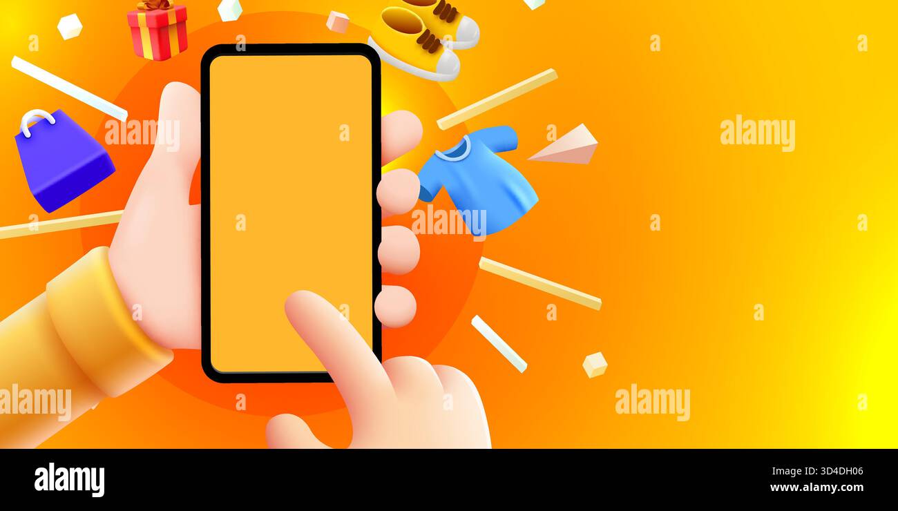 Concetto di shopping online 3D con smartphone a mano, circondato da articoli volanti su sfondo arancione. Illustrazione vettoriale. Illustrazione Vettoriale