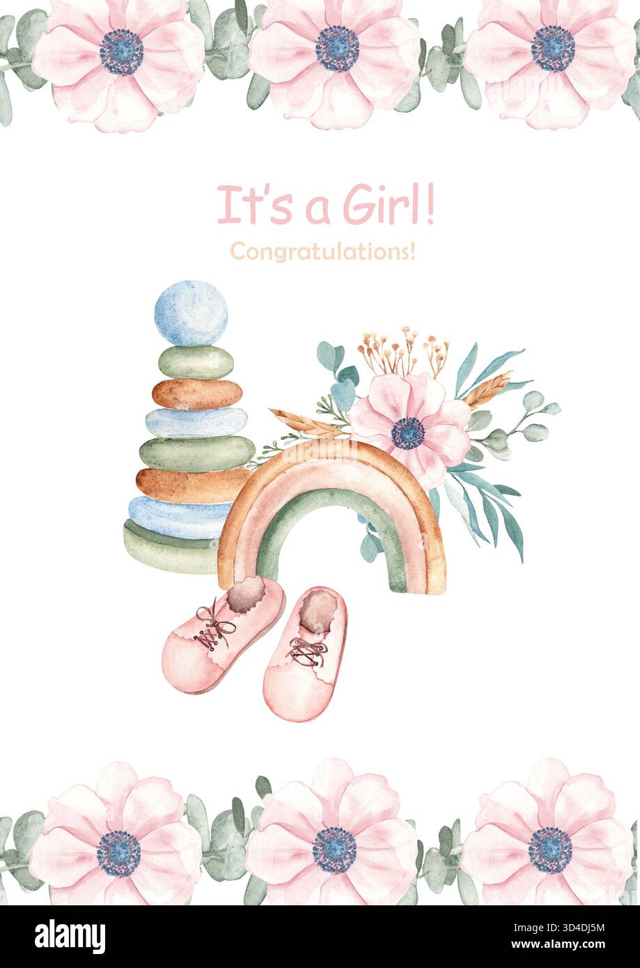 Invito a una baby shower acquerello per una ragazza con giocattoli in legno, scarpe e fiori floreali. Modello di carta disegnato a mano. Ideale per i neonati o i neonati Foto Stock
