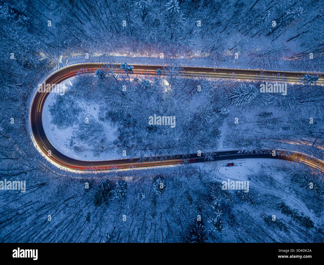 Fari per auto che illuminano una tortuosa strada invernale e fores innevate. Trasporto notturno in inverno. Foto Stock