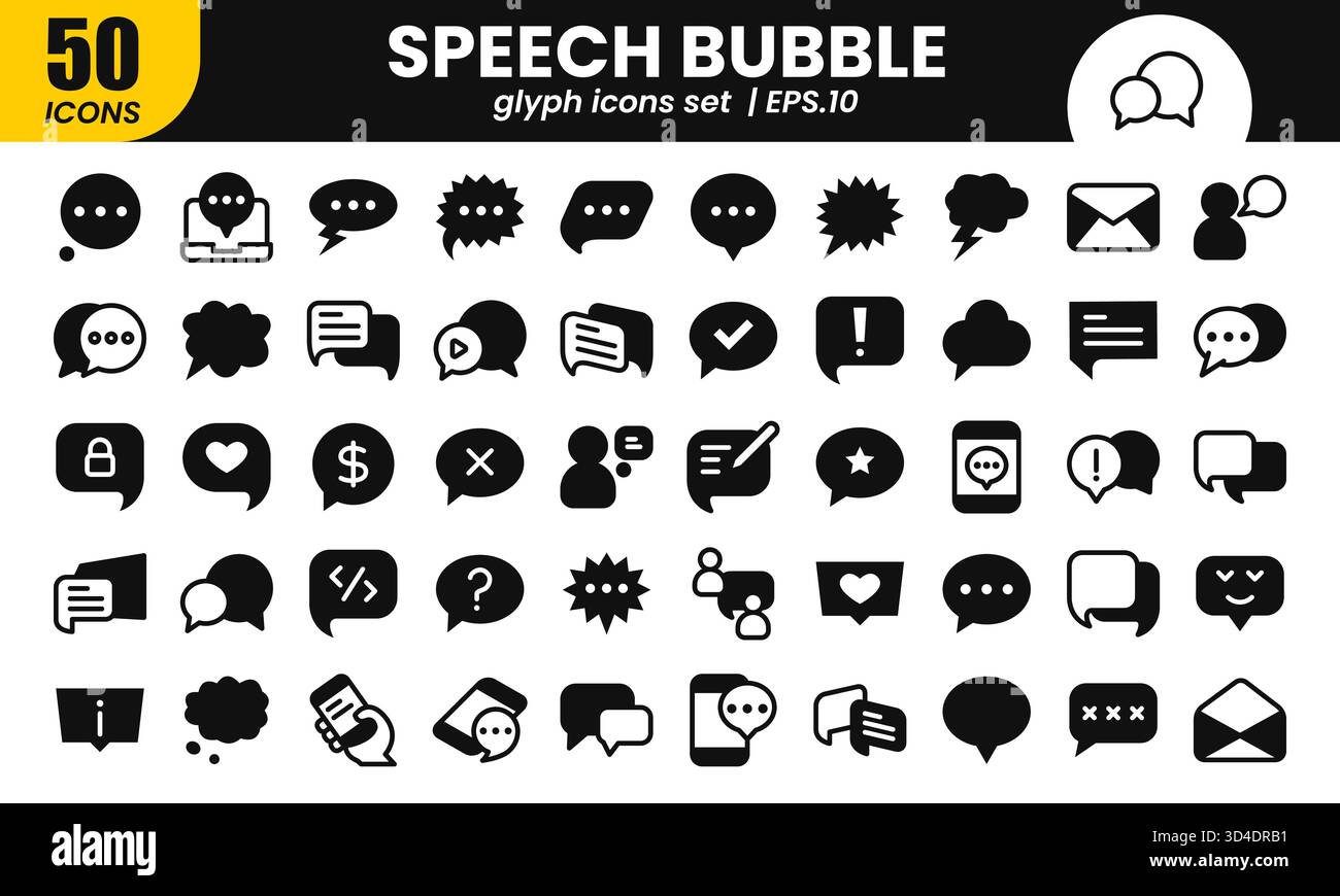 Set di icone di glifo a forma di bolla vocale.raccolta di icone di linea gradiente Web chat correlata, messaggio, conversazione, discussione.illustrazione vettoriale Illustrazione Vettoriale