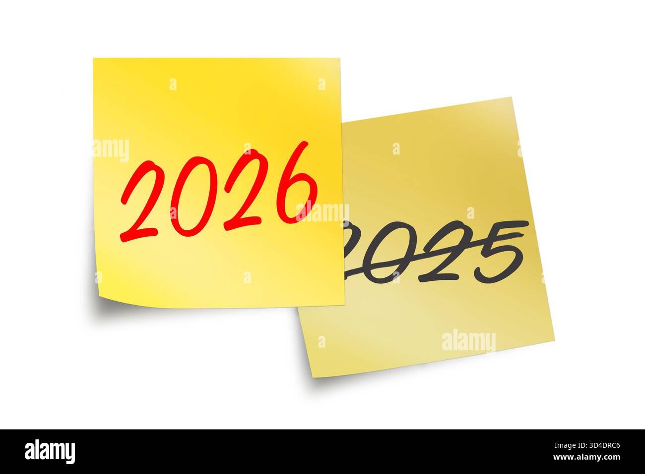 2026 e 2025 scritti su note adesive gialle isolate su bianco, illustrazione aziendale di capodanno Foto Stock