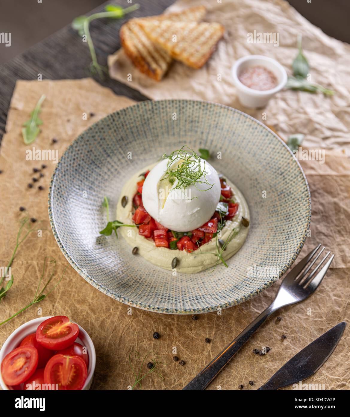 Burrata che riposa sull'hummus con pomodori a dadini e microverdure Foto Stock