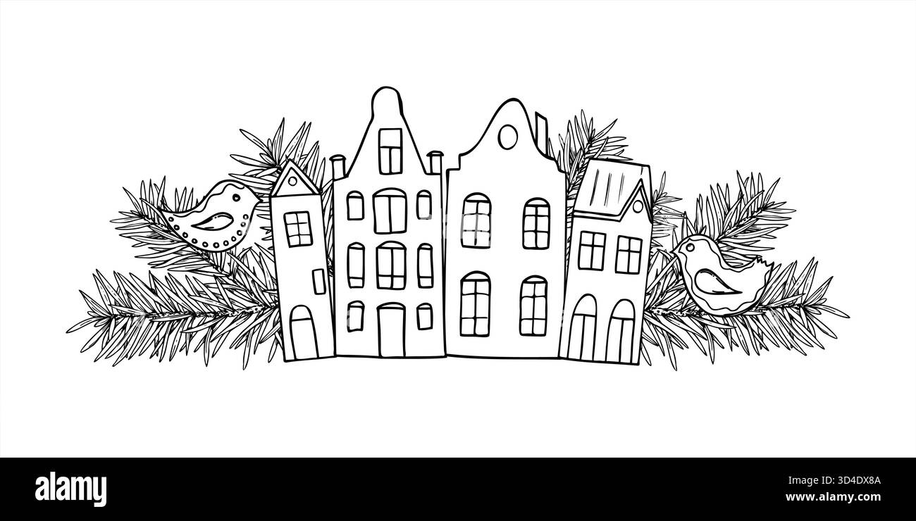 Case europee tra rami di abete rosso e uccelli astratti, esempi isolati in stile natalizio invernale. Silhouette cittadine e pino sempreverde Illustrazione Vettoriale