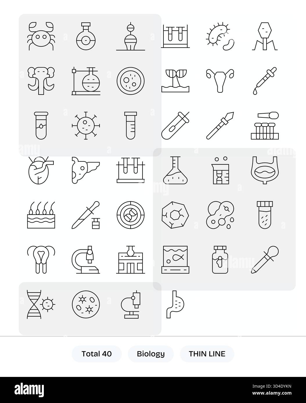 Immagini coerenti con i pixel con 40 icone Thin Line progettate per la biologia, facili da esportare. Illustrazione Vettoriale