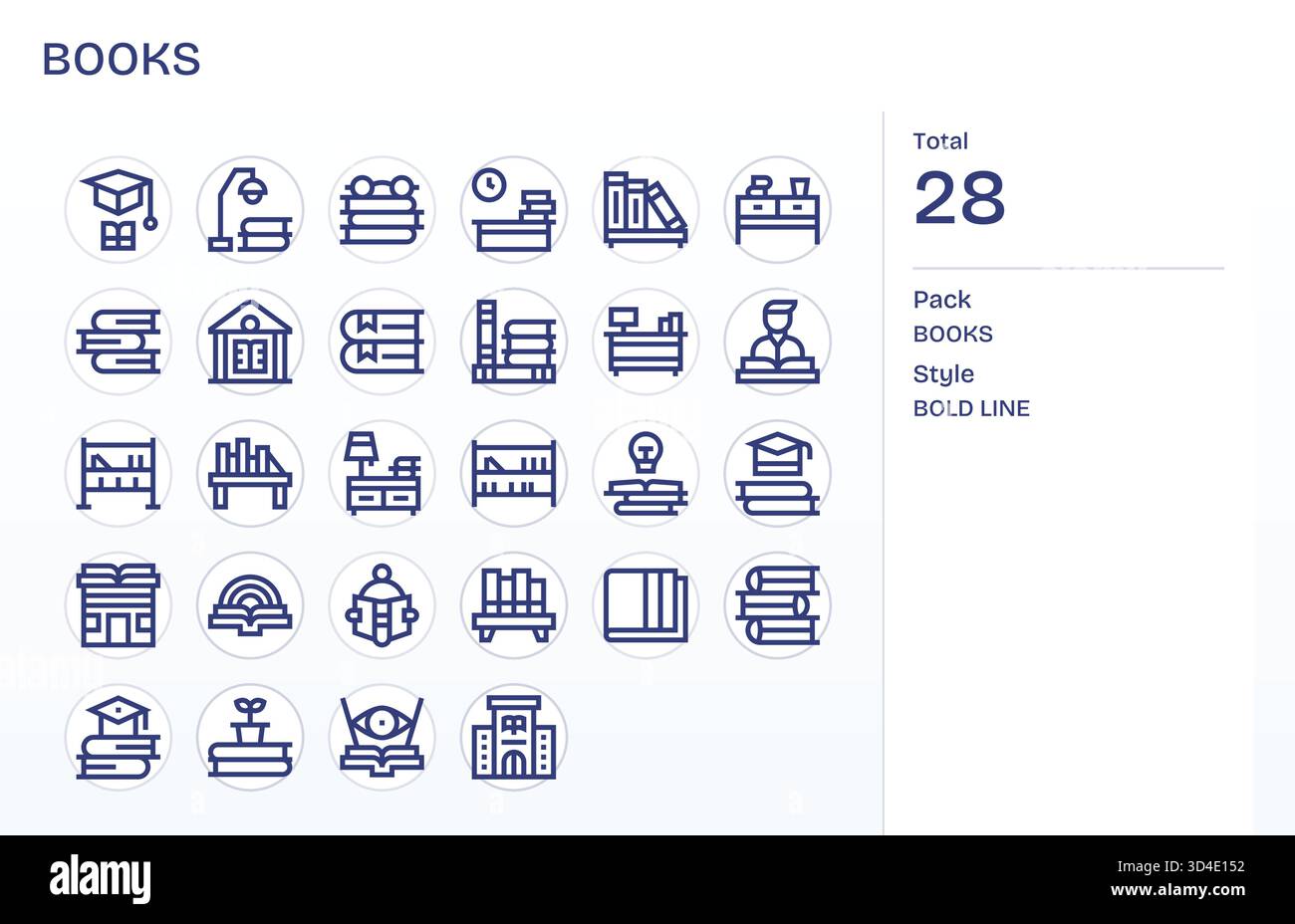Perfeziona la grafica dei prodotti utilizzando 28 icone Bold Line ispirate ai libri, con metriche coerenti. Illustrazione Vettoriale