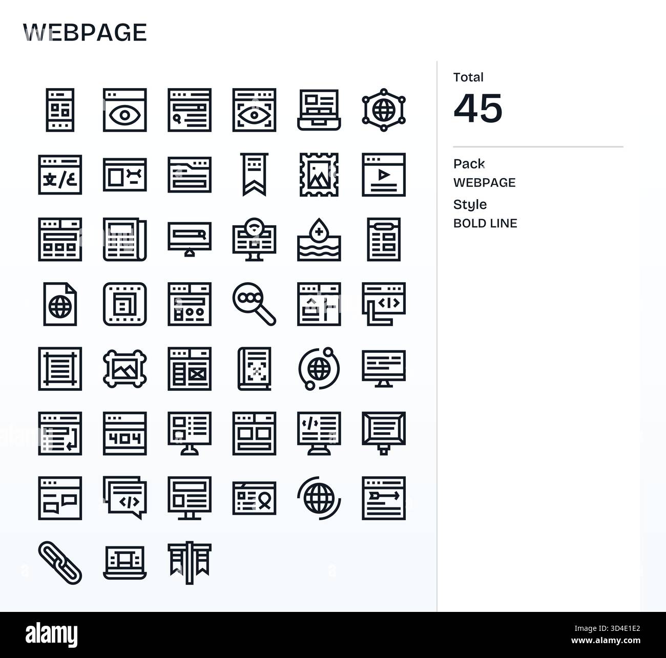 Migliora l'usabilità con 45 icone Bold Line legate alla pagina Web, progettate per un rendering nitido. Illustrazione Vettoriale