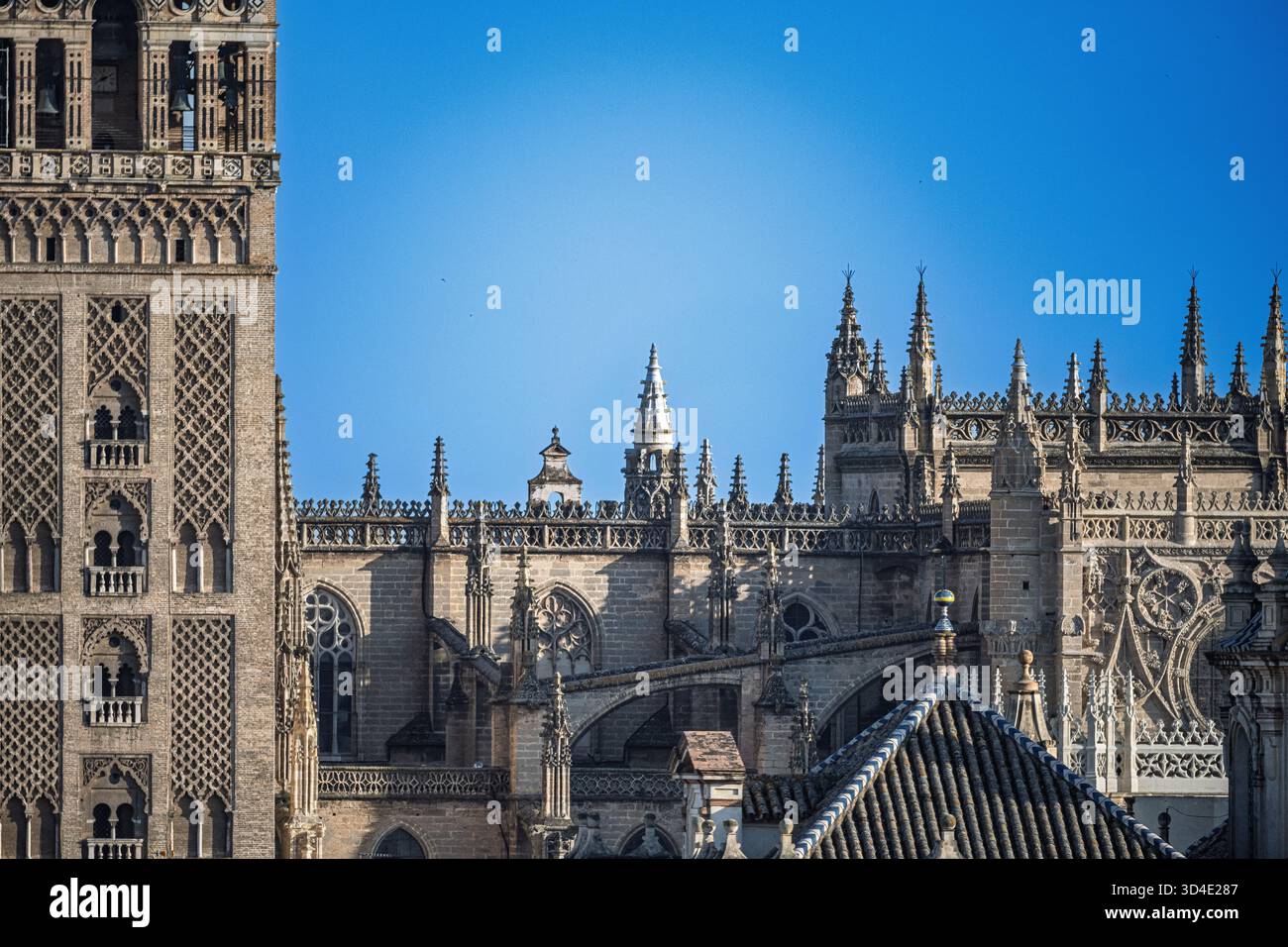 Gli intricati dettagli gotici della cattedrale di Siviglia accanto ai murales a motivi geometrici del campanile della Giralda sotto un cielo limpido. Foto Stock