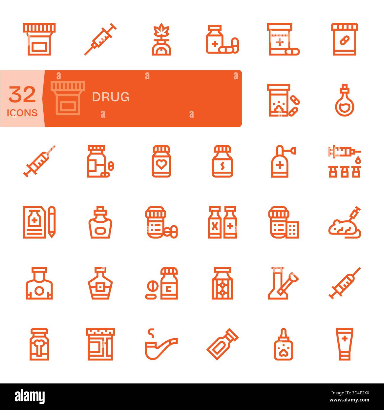 Una collezione flessibile di 32 icone Bold Line che riflettono i farmaci, ideale per una rapida iterazione. Illustrazione Vettoriale