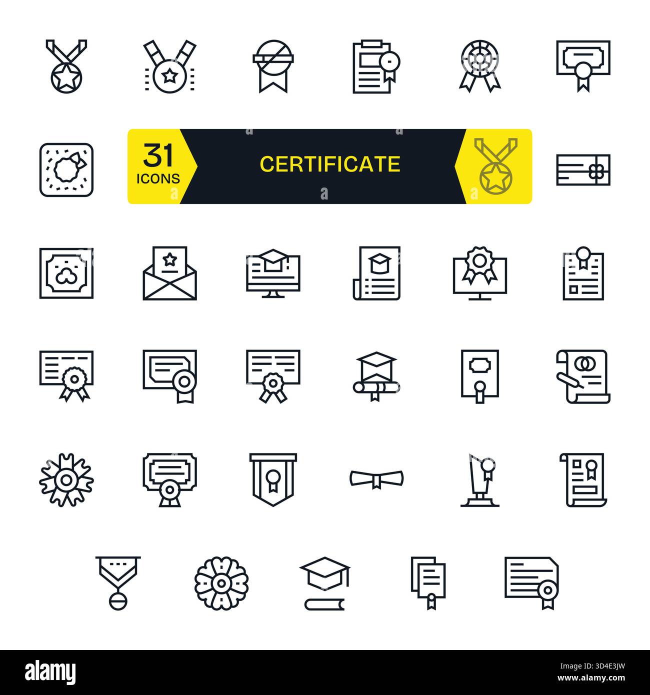 Chiarisci le azioni con 35 icone di linea regolari centrate sul certificato, perfette per le barre degli strumenti e i menu. Illustrazione Vettoriale