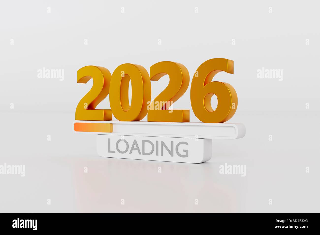Rendering 3D dei numeri dorati 2026 sopra una barra di avanzamento con la parola CARICATA, in una scena bianca di studio. Niente persone. Concetto tecnico e Capodanno con testi Foto Stock