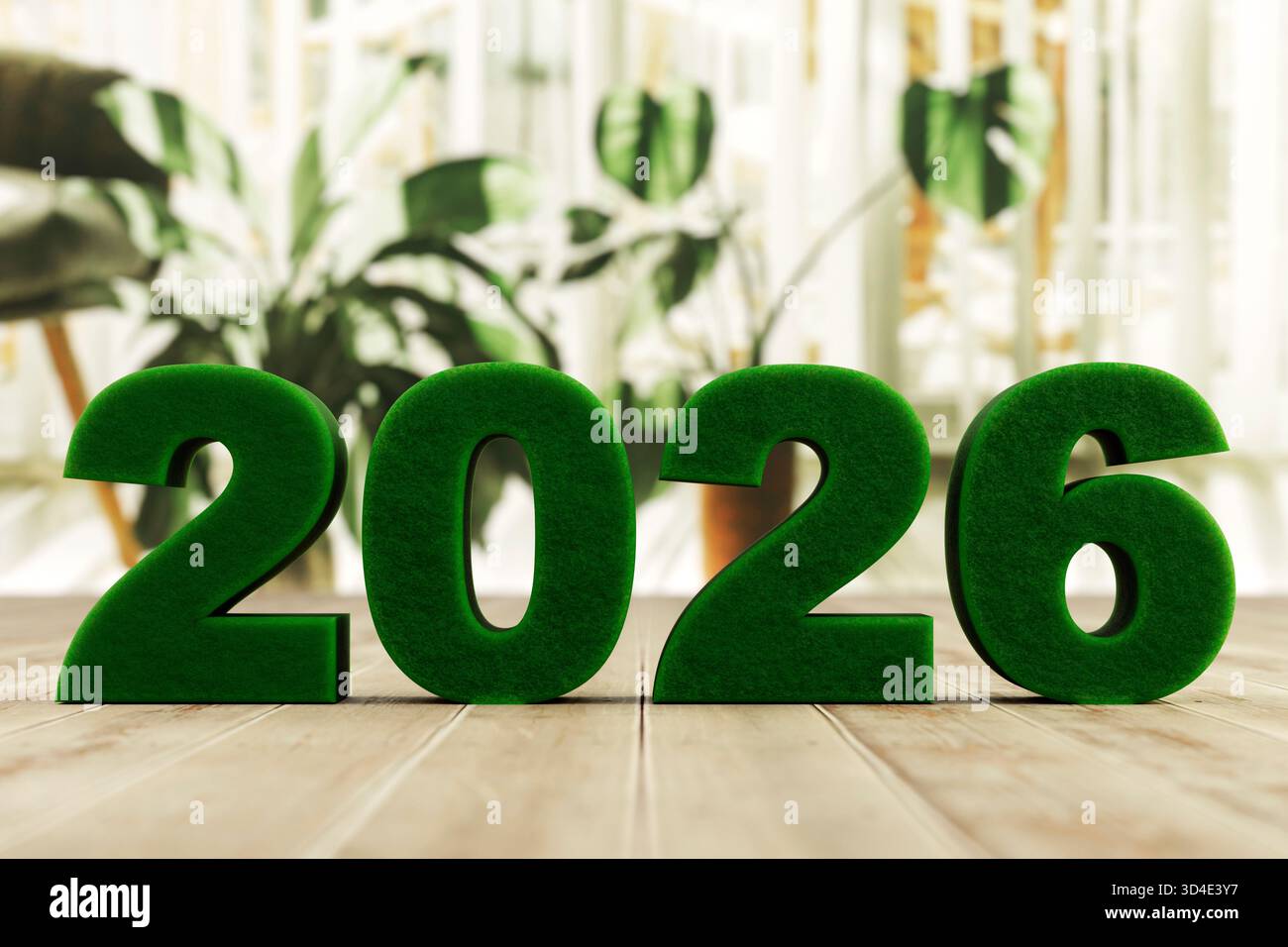 Rendering 3D dell'erba verde numeri 2026 su un pavimento in legno con piante d'appartamento sfocate sullo sfondo. Niente persone. Stile ecologico, tema naturale, spazio copia. Foto Stock