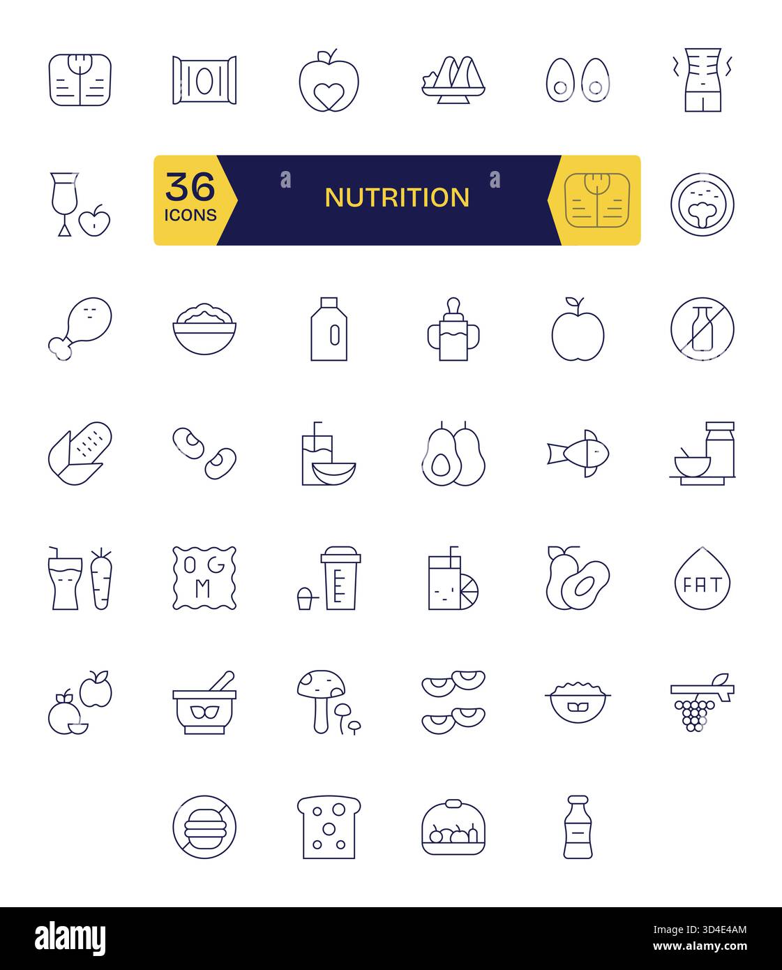 Migliora la tua interfaccia utente con 40 icone Thin Line ispirate alla nutrizione, ottimizzate per la leggibilità e il bilanciamento. Illustrazione Vettoriale