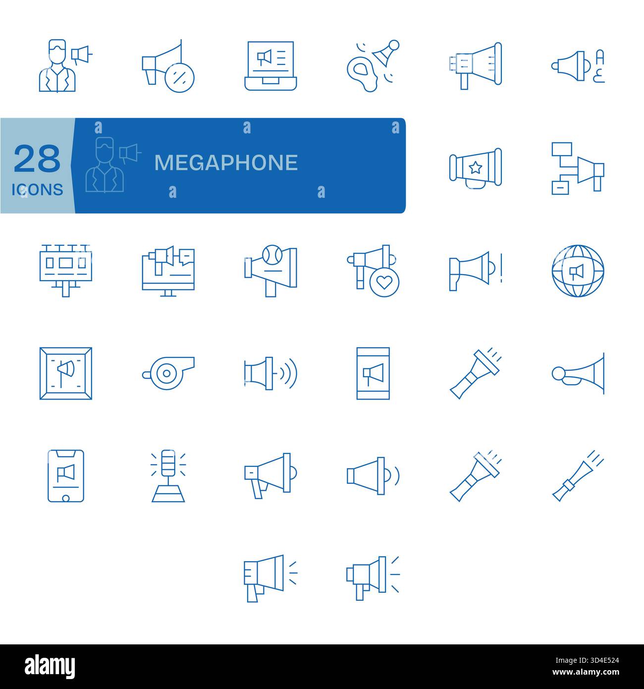 Questo pacchetto icone megafono include 32 vettori Thin Line, perfetti per migliorare le interfacce digitali. Illustrazione Vettoriale
