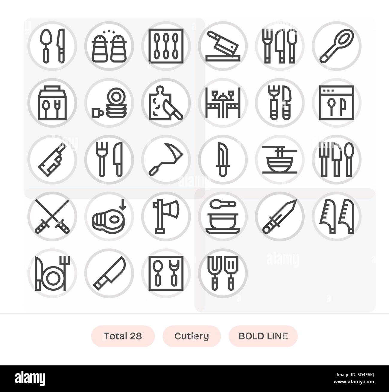 Comunica in modo chiaro con 28 icone Bold Line che catturano posate, adatte per tutte le piattaforme. Illustrazione Vettoriale