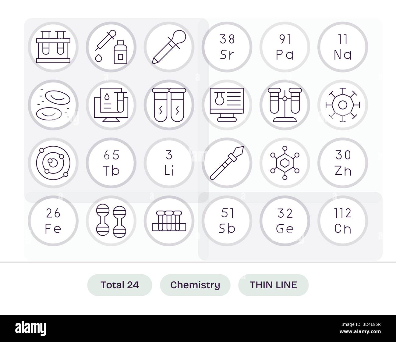 Una raccolta pulita di 24 icone Thin Line che rappresentano la chimica, progettata per dashboard e interfacce moderne. Illustrazione Vettoriale