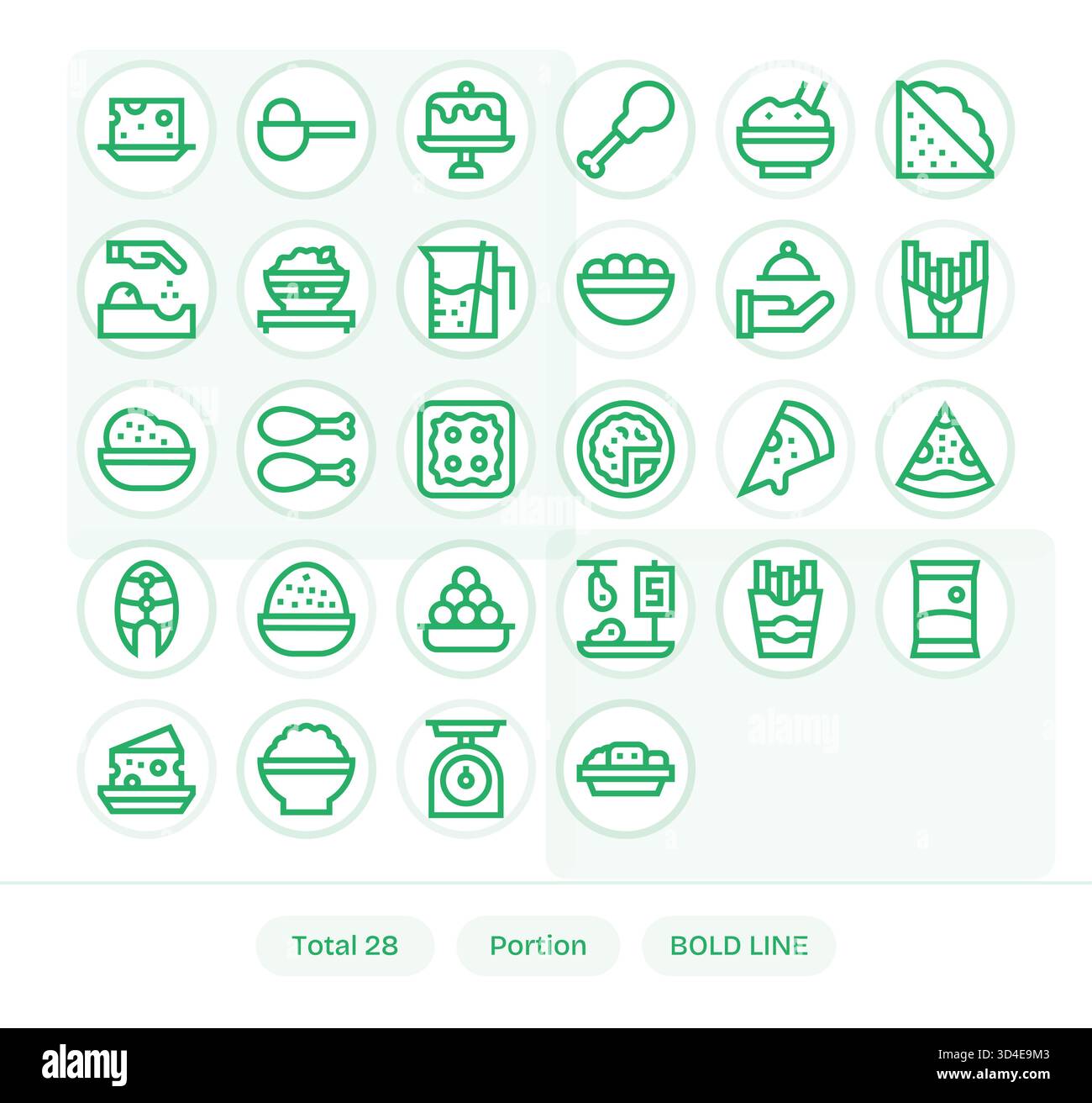 Supporta la progettazione multipiattaforma con 28 icone Bold Line legate alla porzione, coerenti e flessibili. Illustrazione Vettoriale