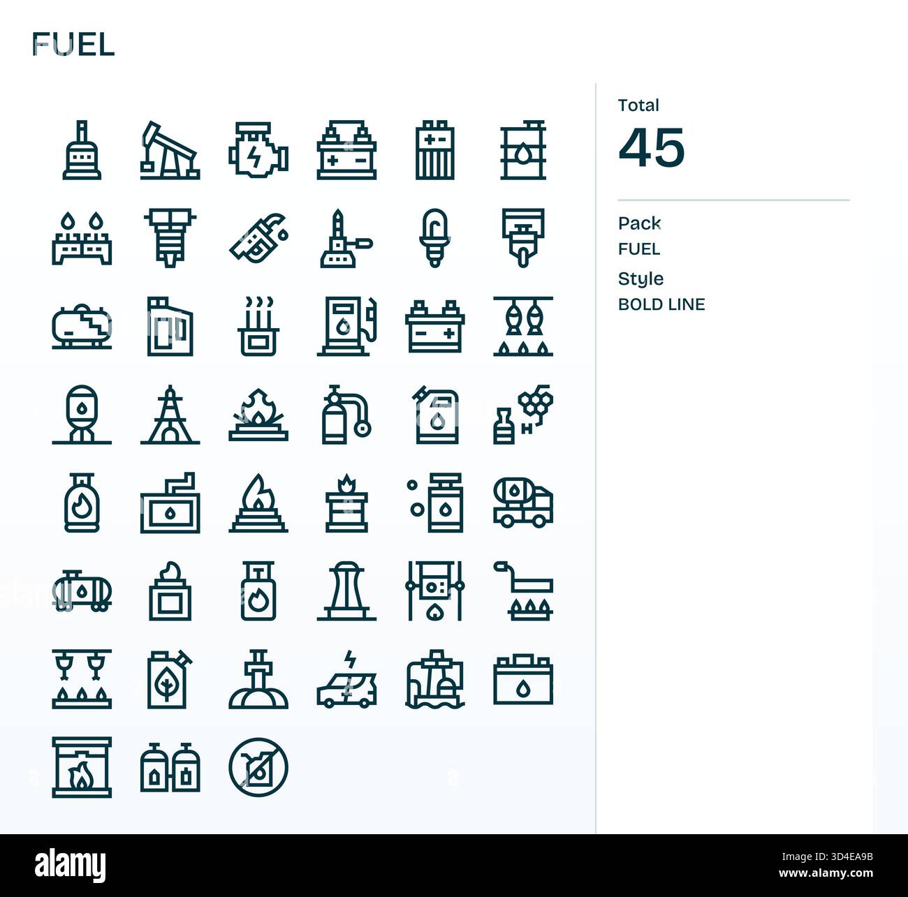 Guida gli utenti in modo efficace utilizzando 45 icone Bold Line ispirate a Fuel, nitide su qualsiasi scala. Illustrazione Vettoriale