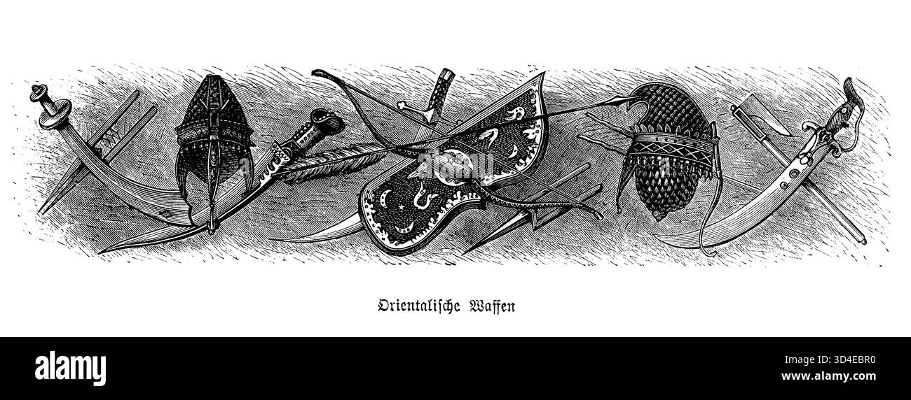 Un'esposizione di armi orientali - scimmie, archi, caschi e asce - che rivelano l'arte e il simbolismo dell'artigianato mediorientale. Foto Stock