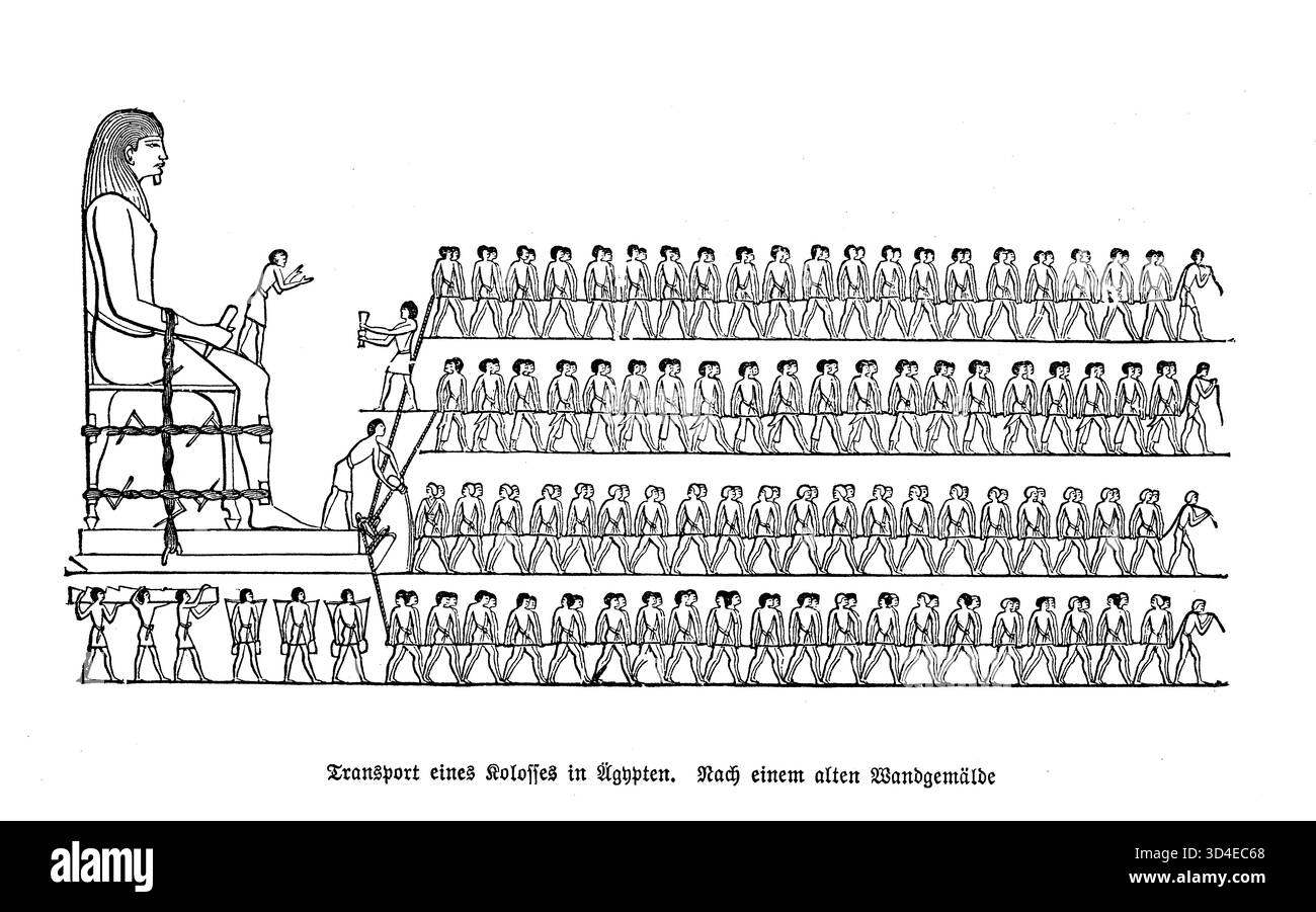 Trasporto di un colosso in Egitto (dopo un'antica pittura murale). Centinaia di operai trasportano una colossale statua attraverso il deserto, una ricostruzione dell'antica ingegneria egiziana e della forza collettiva. Foto Stock