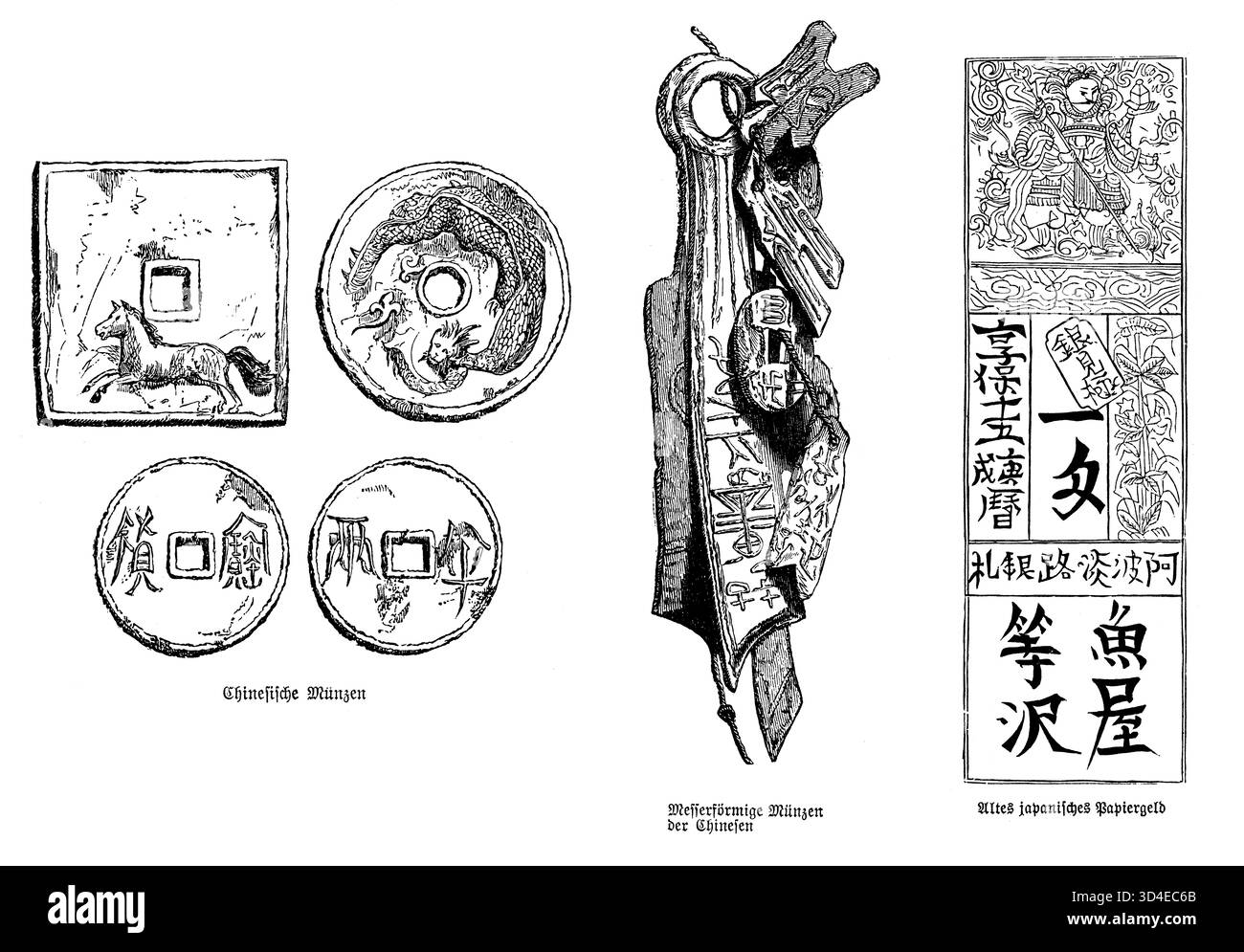 Moneta cinese e giapponese (tre immagini).tre incisioni: Monete cinesi con fori quadrati, monete a forma di coltello e cartamoneta giapponese, che tracciano l'evoluzione della valuta asiatica. Foto Stock
