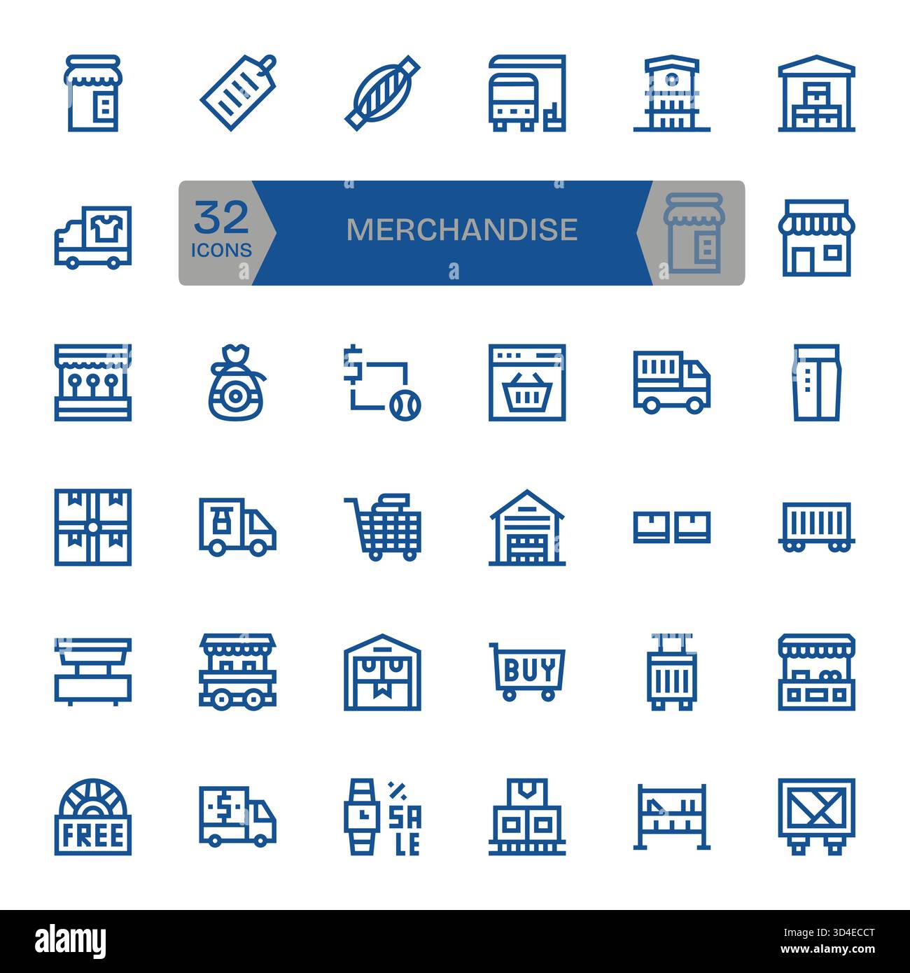 Confezione curata di 32 icone vettoriali nel design Bold Line, incentrata sui concetti di merchandising. Illustrazione Vettoriale