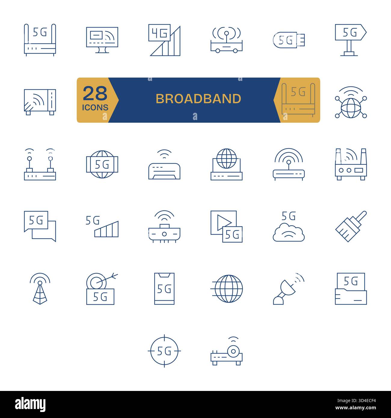 Un set versatile di 32 icone vettoriali Thin Line incentrate sulla banda larga, ideale per applicazioni mobili e Web. Illustrazione Vettoriale