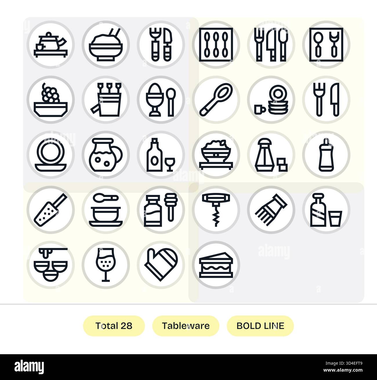 Perfeziona la grafica dei prodotti utilizzando 28 icone Bold Line ispirate ai prodotti da tavola, con metriche coerenti. Illustrazione Vettoriale
