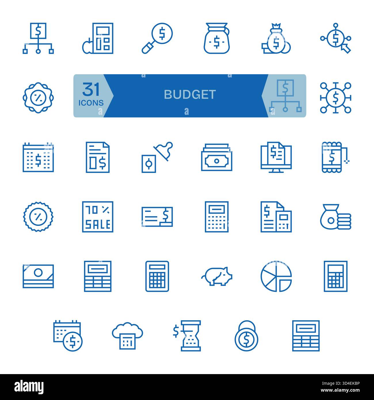 Un pratico pacchetto di 35 icone di linea regolari per il budget, che consente una grafica nitida e scalabile. Illustrazione Vettoriale