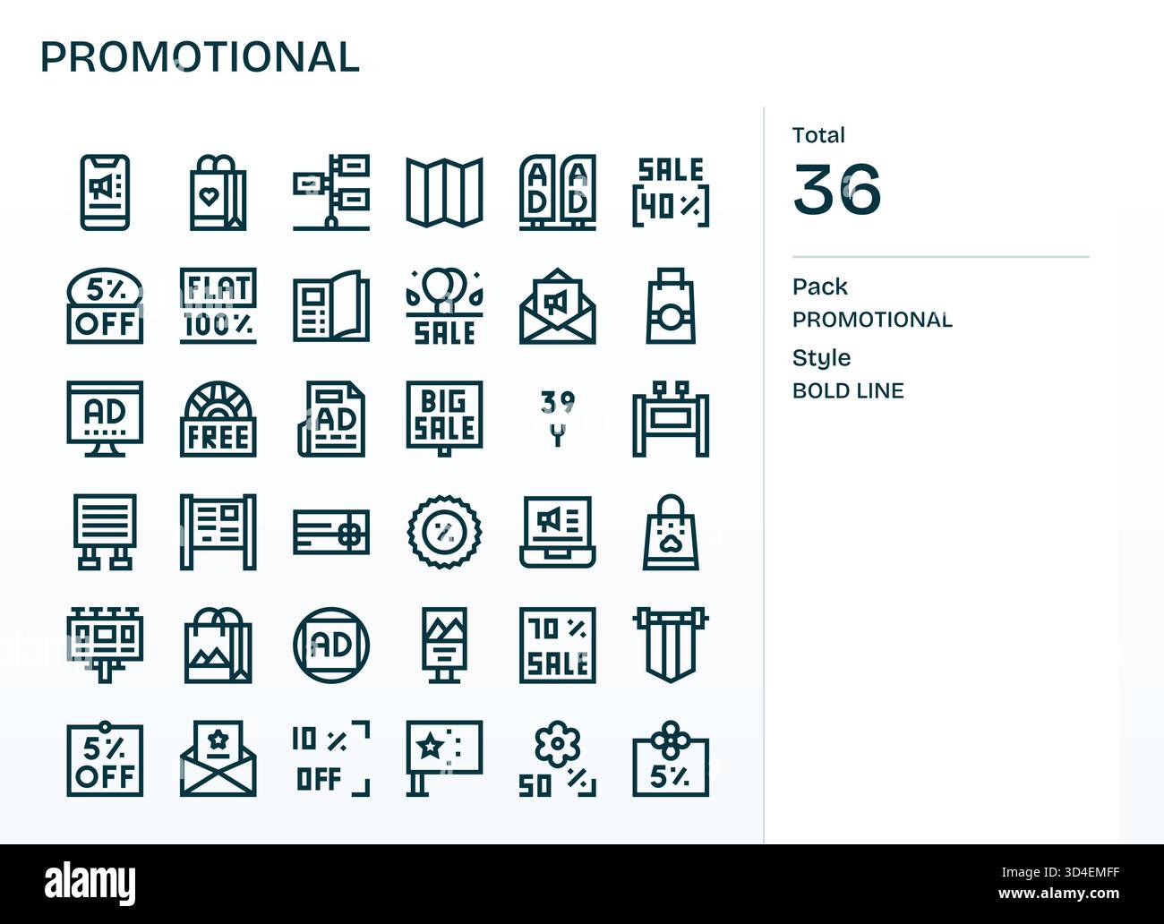 Guida gli utenti in modo efficace utilizzando 36 icone Bold Line ispirate a promozioni e nitide su qualsiasi scala. Illustrazione Vettoriale