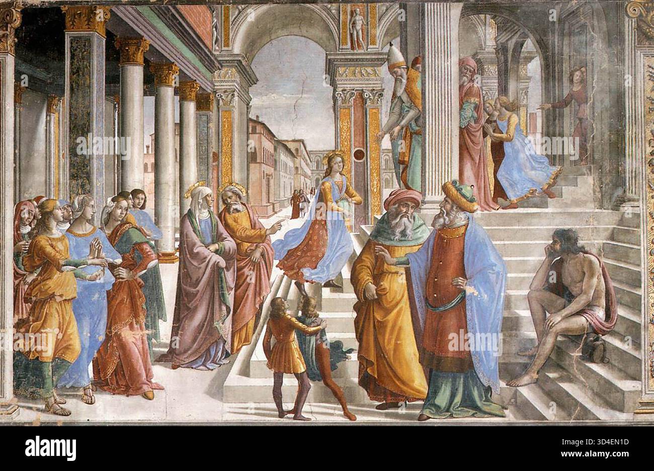 La presentazione della Vergine al Tempio è un affresco nella Cappella Tornabuoni di Santa Maria Novella, Firenze, dipinto da Domenico Ghirlandaio intorno al 1485-1490. Raffigura la giovane Vergine Maria che viene presentata al Tempio, combinando narrazione sacra con ambientazioni fiorentine contemporanee. La composizione del Ghirlandaio presenta un'architettura dettagliata, figure espressive e un uso raffinato della prospettiva, esemplificando l'attenzione del Rinascimento italiano all'umanesimo e al realismo. Foto Stock