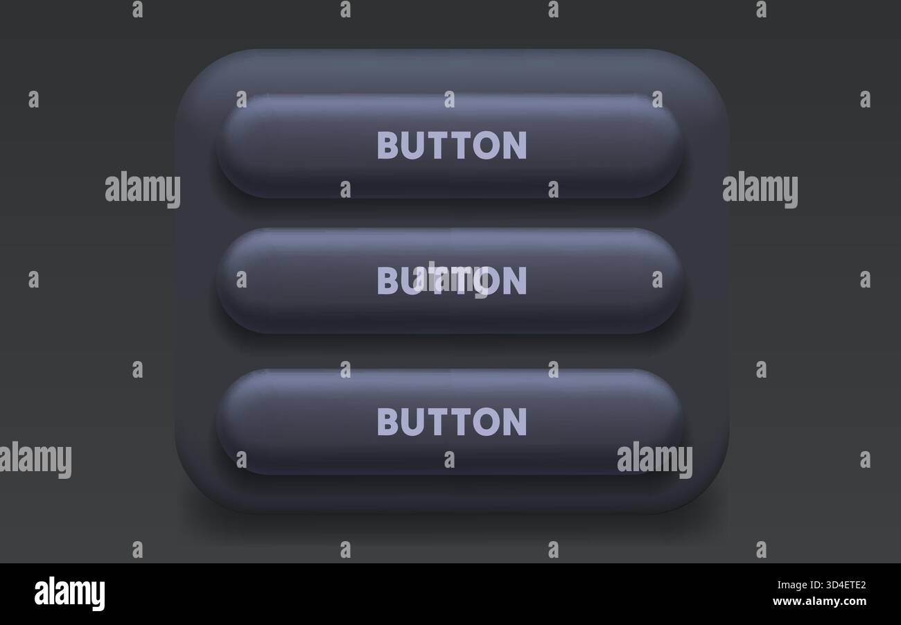 Menu pulsante moderno in modalità buia. Questo elegante elemento dell'interfaccia utente è perfetto per la progettazione di applicazioni e Web. Illustrazione vettoriale Illustrazione Vettoriale