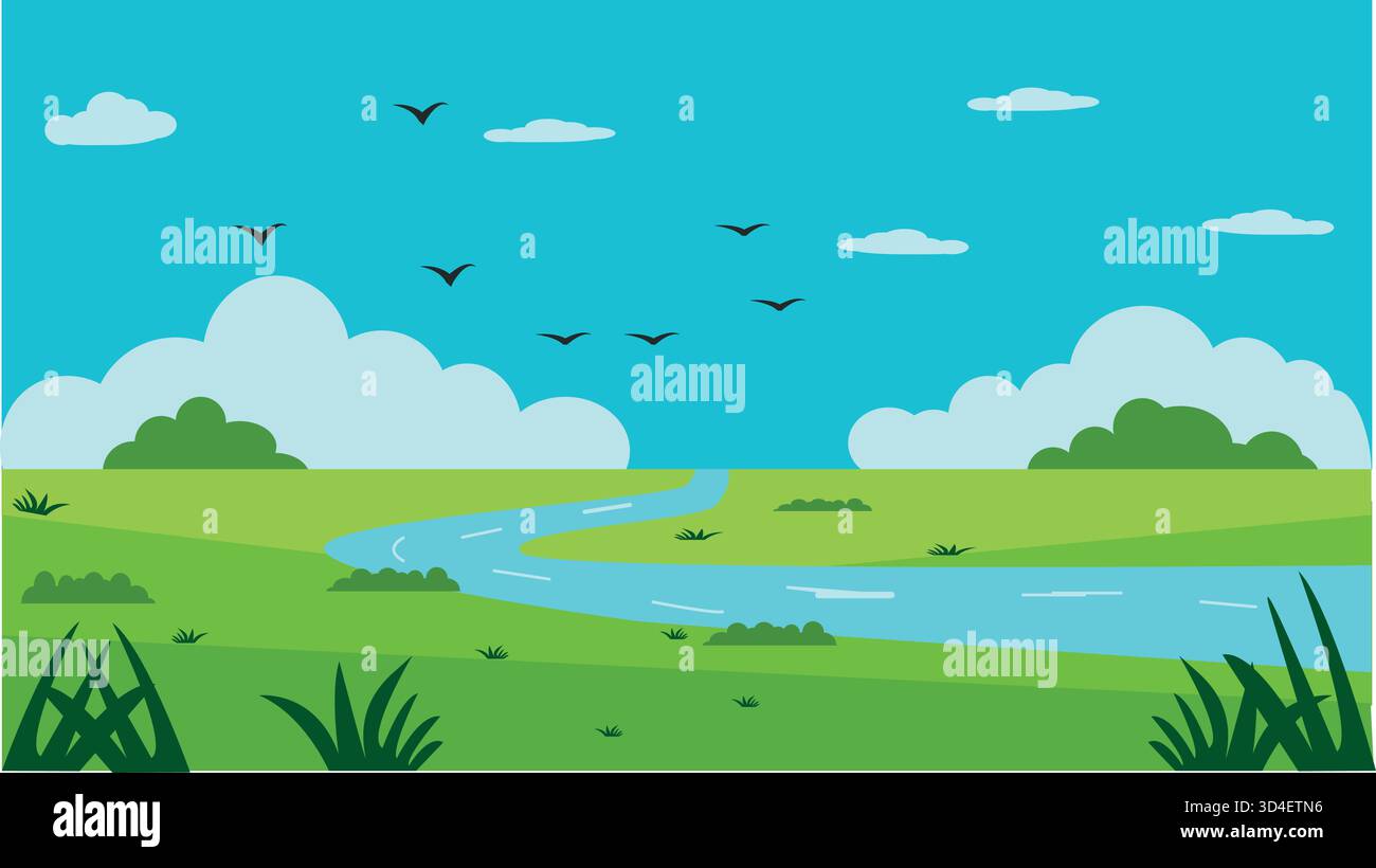 Paesaggio estivo con fiume e uccelli Illustrazione Vettoriale