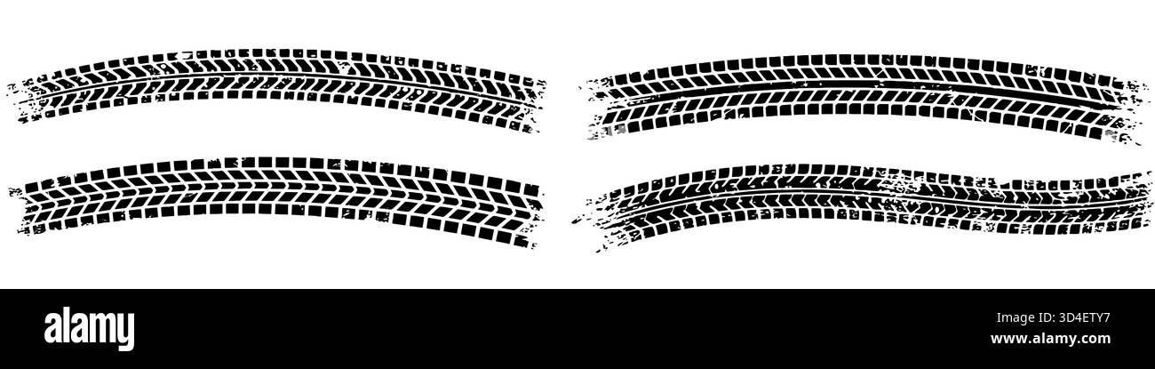 Segni del battistrada degli pneumatici, deriva, Motorsport, motocross, rally, tacca del battistrada con pattino, smerigliatura, effetto spruzzo. Set grafico di battistrada degli pneumatici, struttura delle ruote, auto r Illustrazione Vettoriale