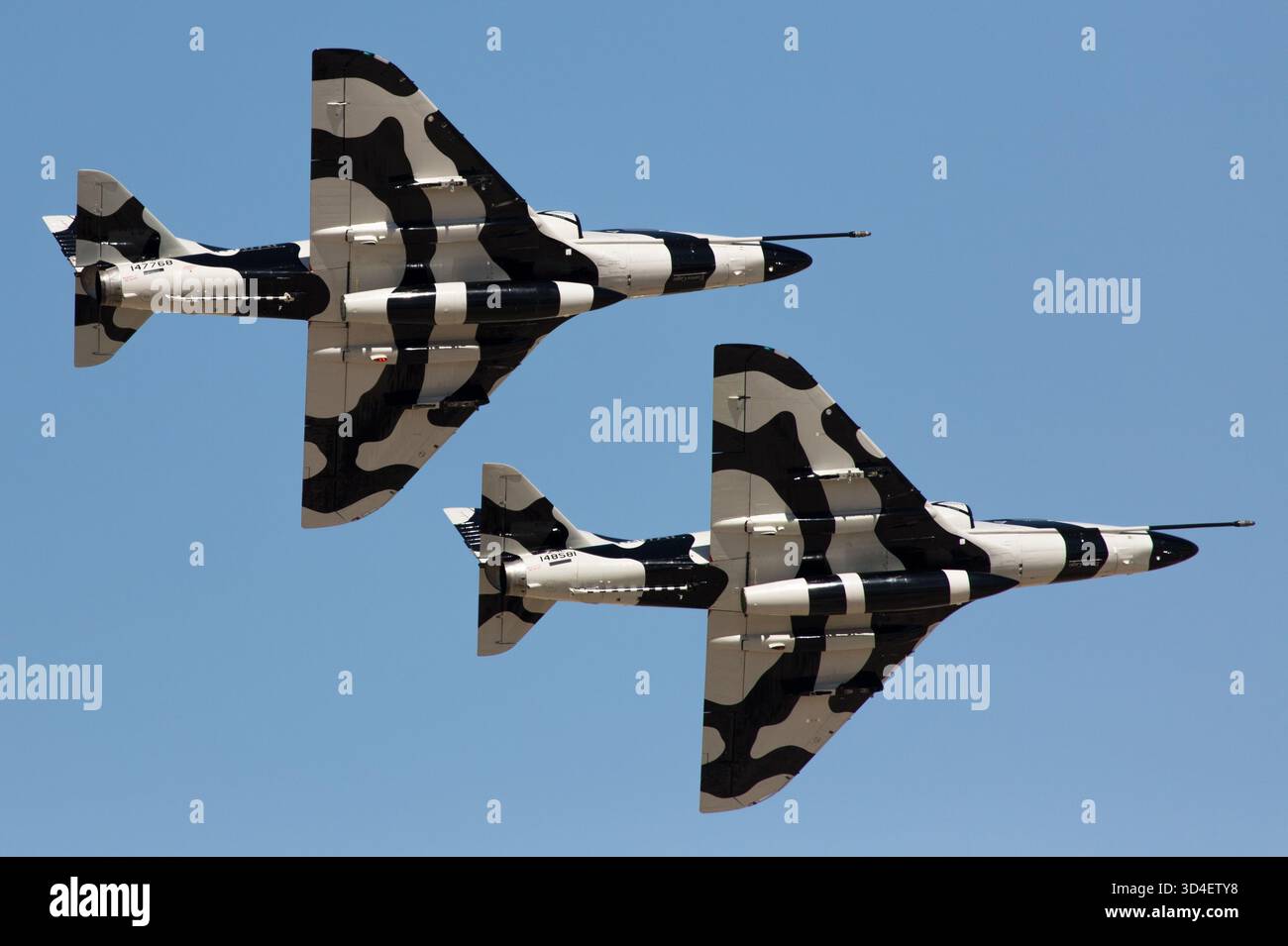 Gli Skyhawk Draken A-4 con schema di vernice zebra volano in formazione Foto Stock