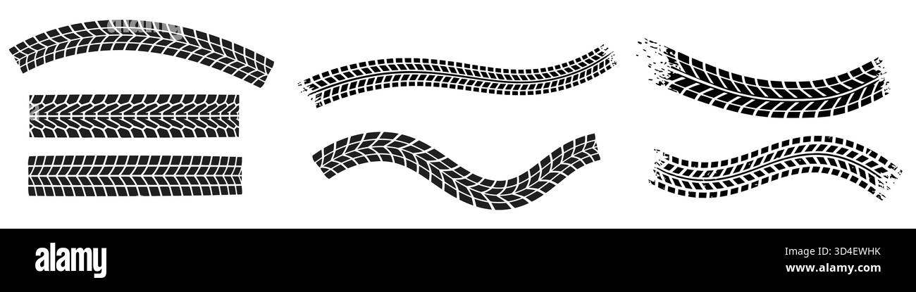 Segni del battistrada degli pneumatici, deriva, Motorsport, motocross, rally, tacca del battistrada con pattino, smerigliatura, effetto spruzzo. Set grafico di battistrada degli pneumatici, struttura delle ruote, auto r Illustrazione Vettoriale