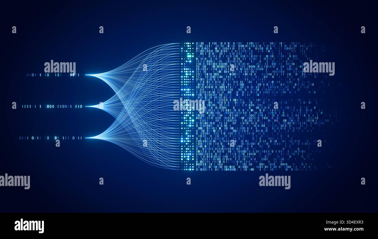 Elaborazione dei dati con intelligenza artificiale e concetto di apprendimento automatico, rete neurale digitale con codice binario e visualizzazione del flusso di dati sul retro blu Foto Stock