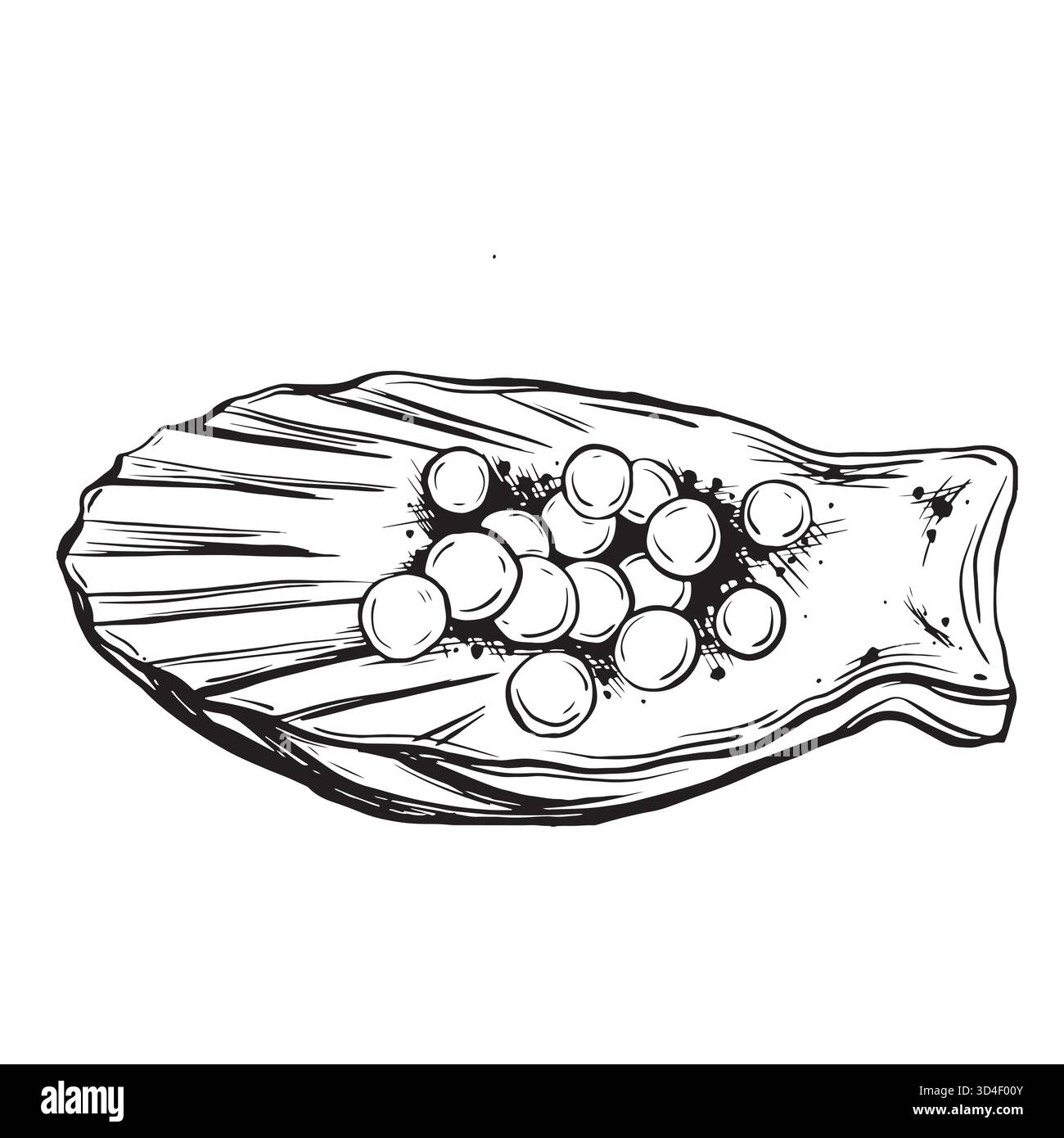 Schizzo del caviale su uno shell. Immagine del vettore di inchiostro disegnato a mano del caviale rosso. Elementi grafici lineari per la progettazione di negozi di alimentari, isolati su un bianco Illustrazione Vettoriale