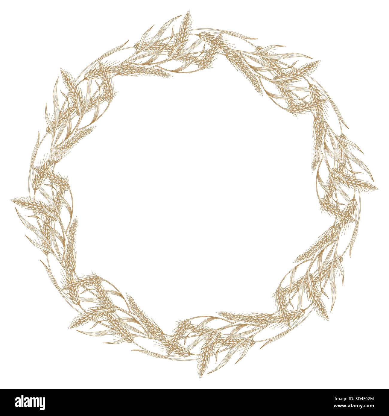 Ghirlanda di grano. Illustrazione realizzata a mano in stile inchiostro vettoriale. Per il design dell'imballaggio, le schede, la copertina, le stampe, le etichette dei prodotti e il tessuto. Illustrazione Vettoriale