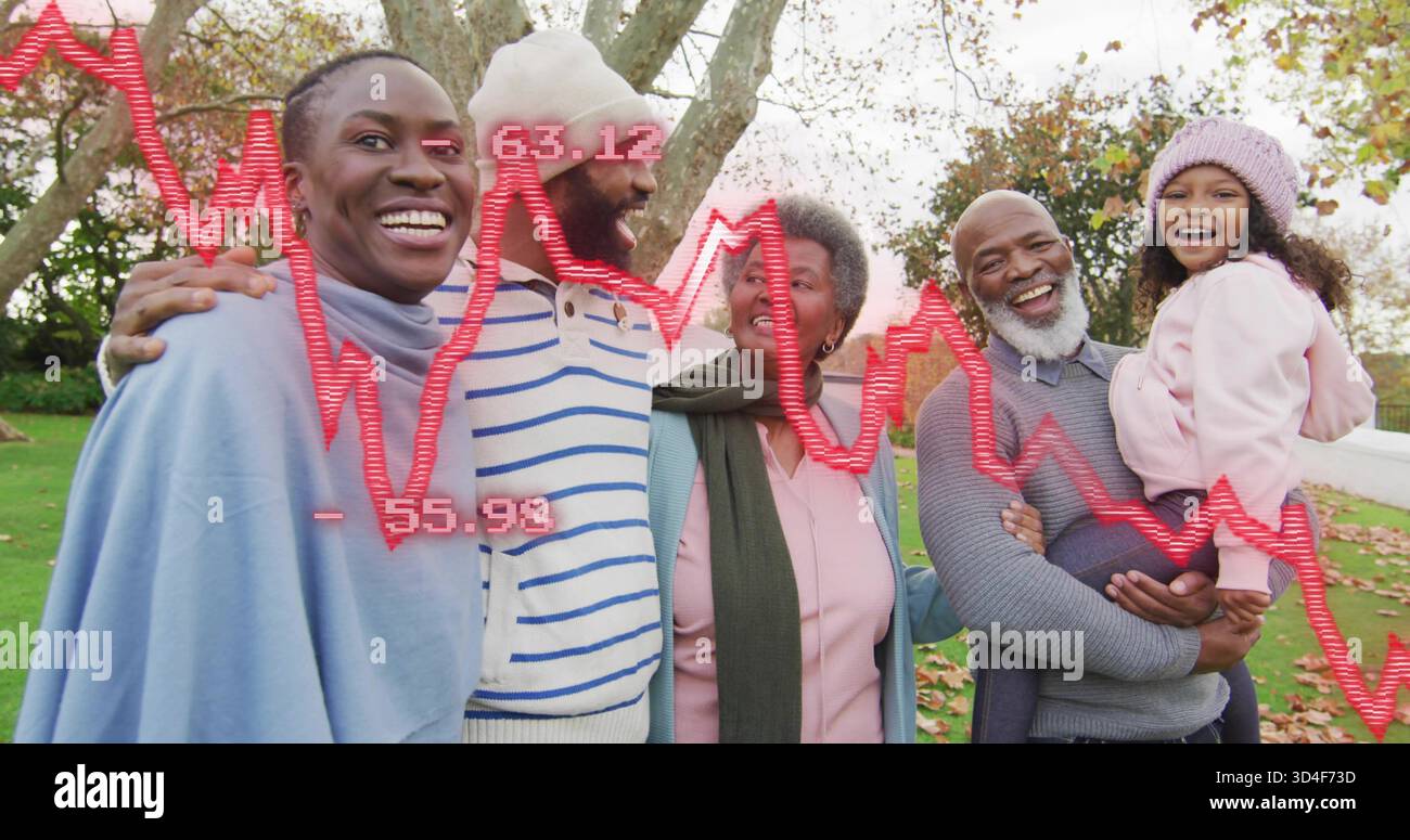 Una famiglia di cinque persone in piedi che indossa cappelli e cappotti in maglia nel parco, con rivestimento grafico con linee rosse Foto Stock