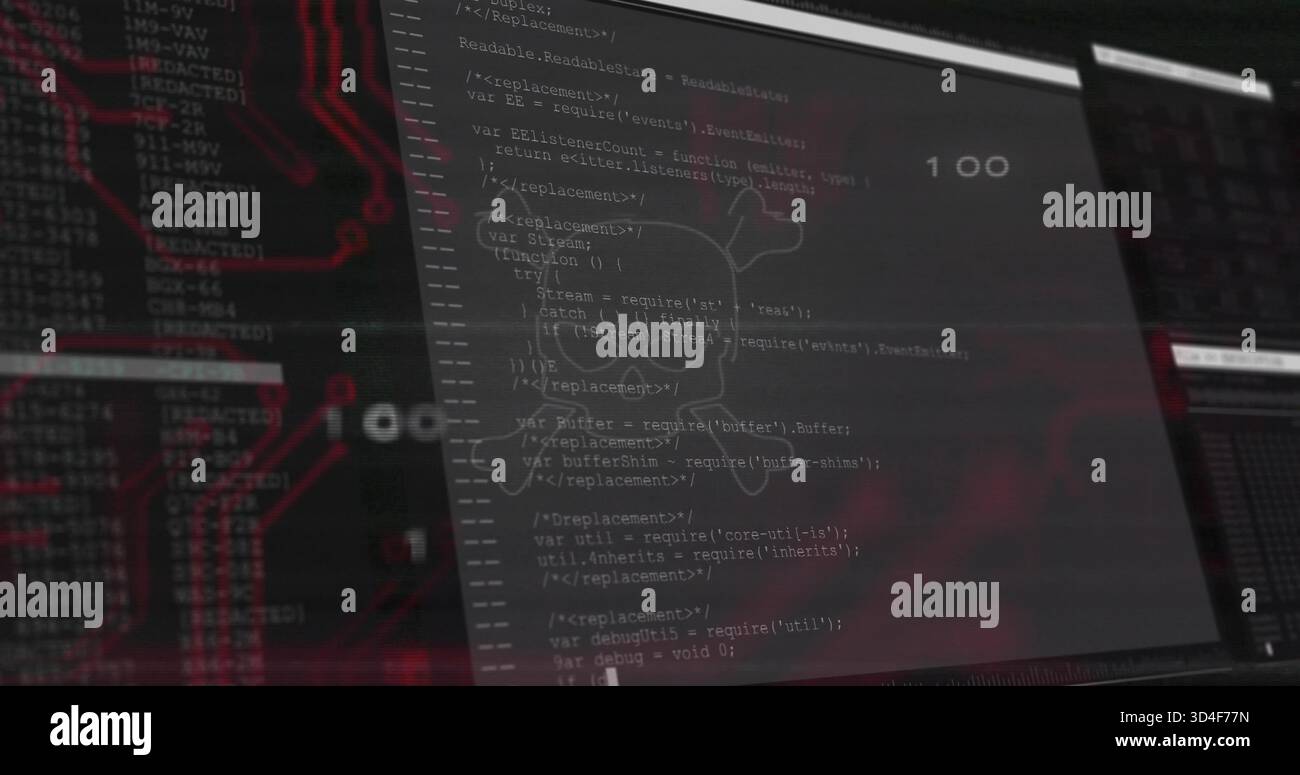 Visualizzazione del monitor verticale che mostra il codice sorgente con sovrapposizione del cranio sulla workstation scura, PCB rosso 100 Foto Stock